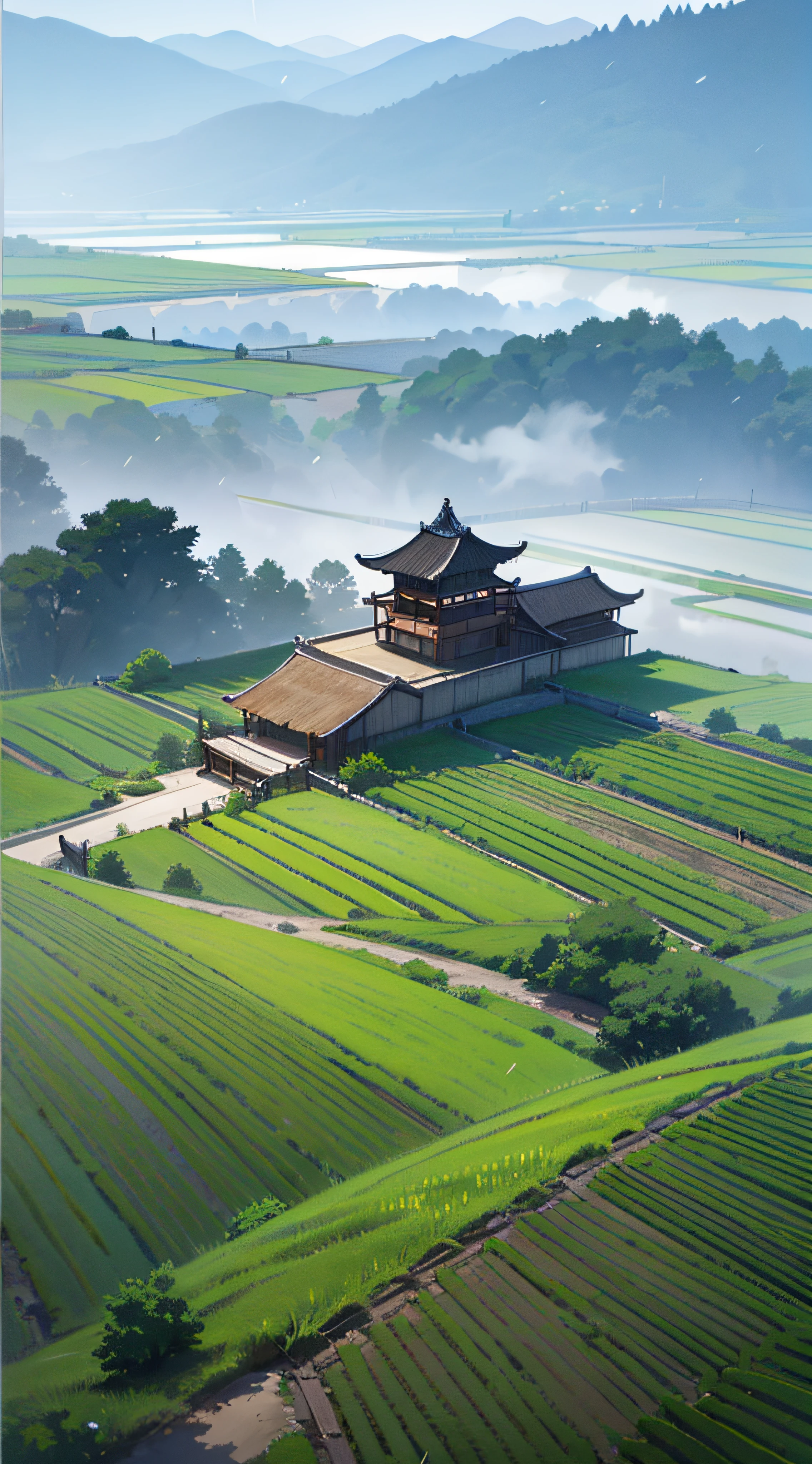 ultra wide-angle, Looking down from the summit, Wide tier々field, mountainscape, Lodge, With rice fields, rice fields, neat rice seedlings in the fields, Foggy rain, vila々, agriculture, In a tranquil landscape, Foggy weather, In the vast silence, Early in the morning, In the morning fog, Behind a small village, myst, Countryside of China, thatched roofs --v 6