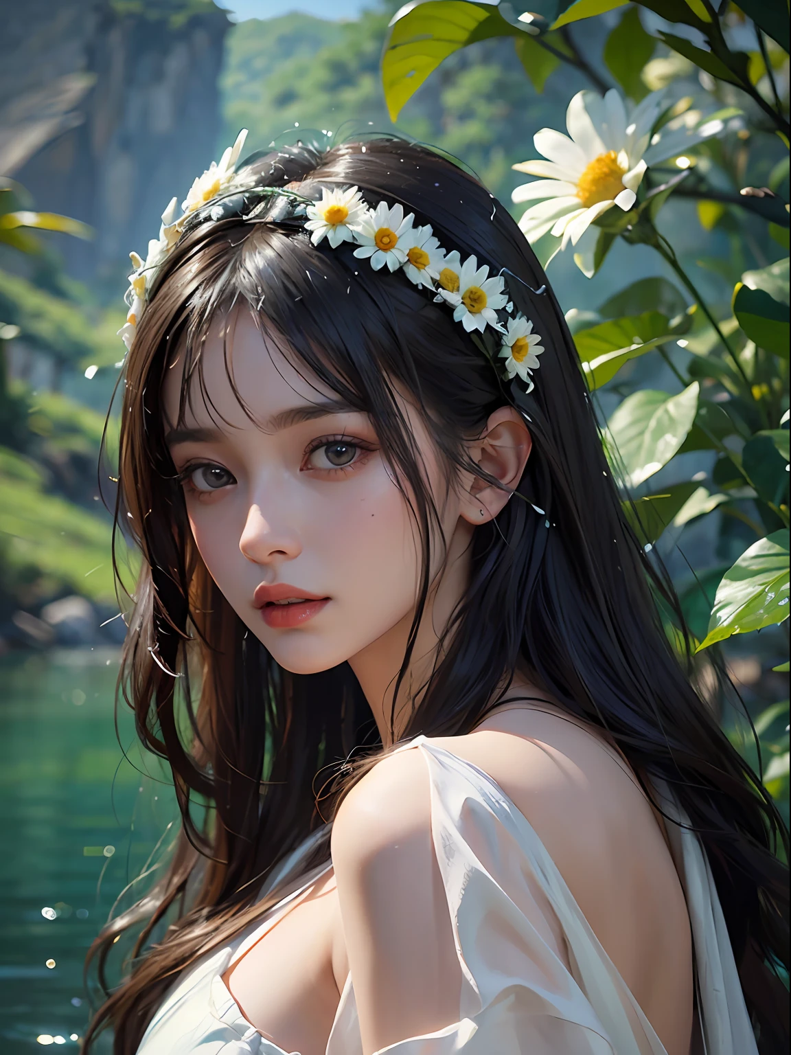 (playing with water)1beautiful girl, long black hair with bangs, daisy, intricate ornaments, white silk robe, realistic, looking at the camera, riverside, tranquil, mountain background, cinematic lighting, trending on ArtStation, by Irakli Nadar, Greg Rutkowski，(((best quality))),(((ultra detailed))),(((masterpiece)))