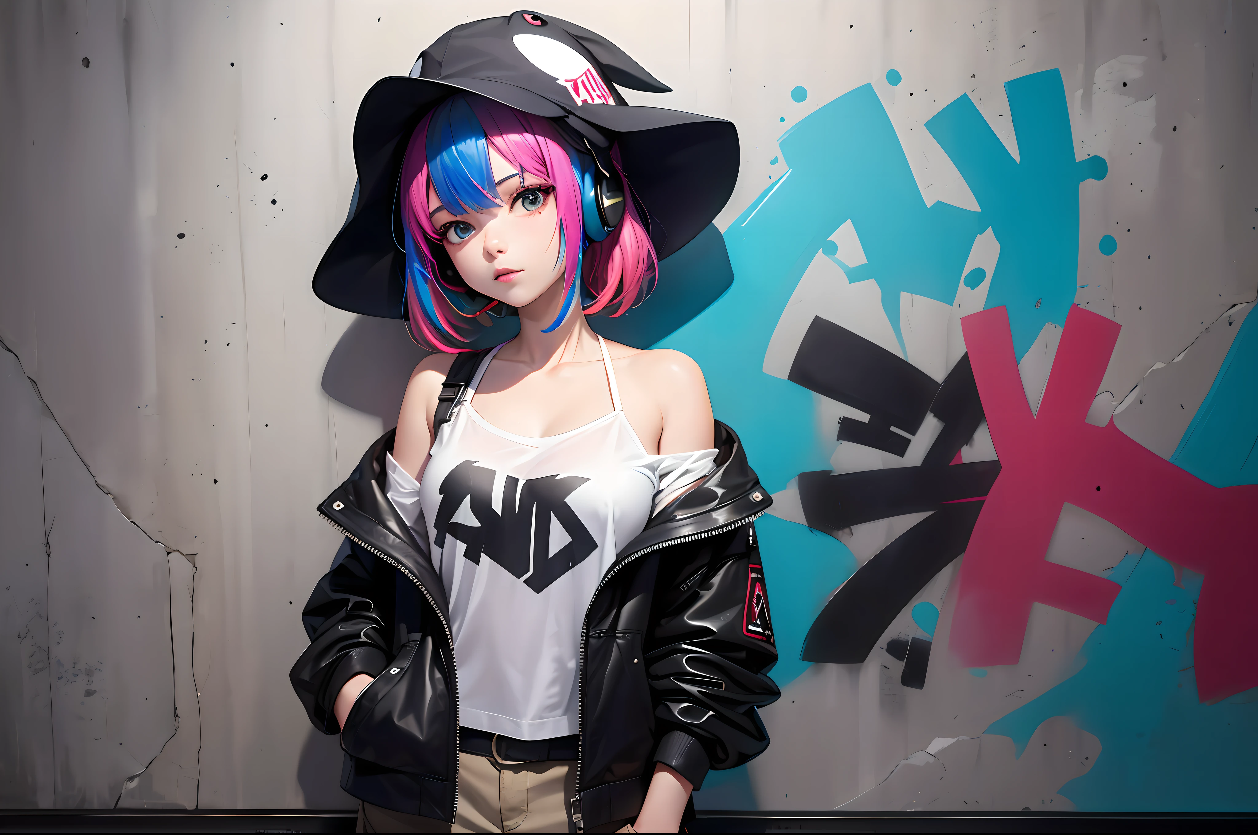 style-paintmagic，Masterpiece, best quality and extremely detailed CG unified 8K wallpaper, a fashion girl, solo, off-the-shoulder jacket, cargo pants, shark hat, (graffiti: 1.5), paint splash, paint dripping, arms behind, against a wall, looking at the viewer, paint on the body, head tilt, looking to the side, multicolored hair, headphones,