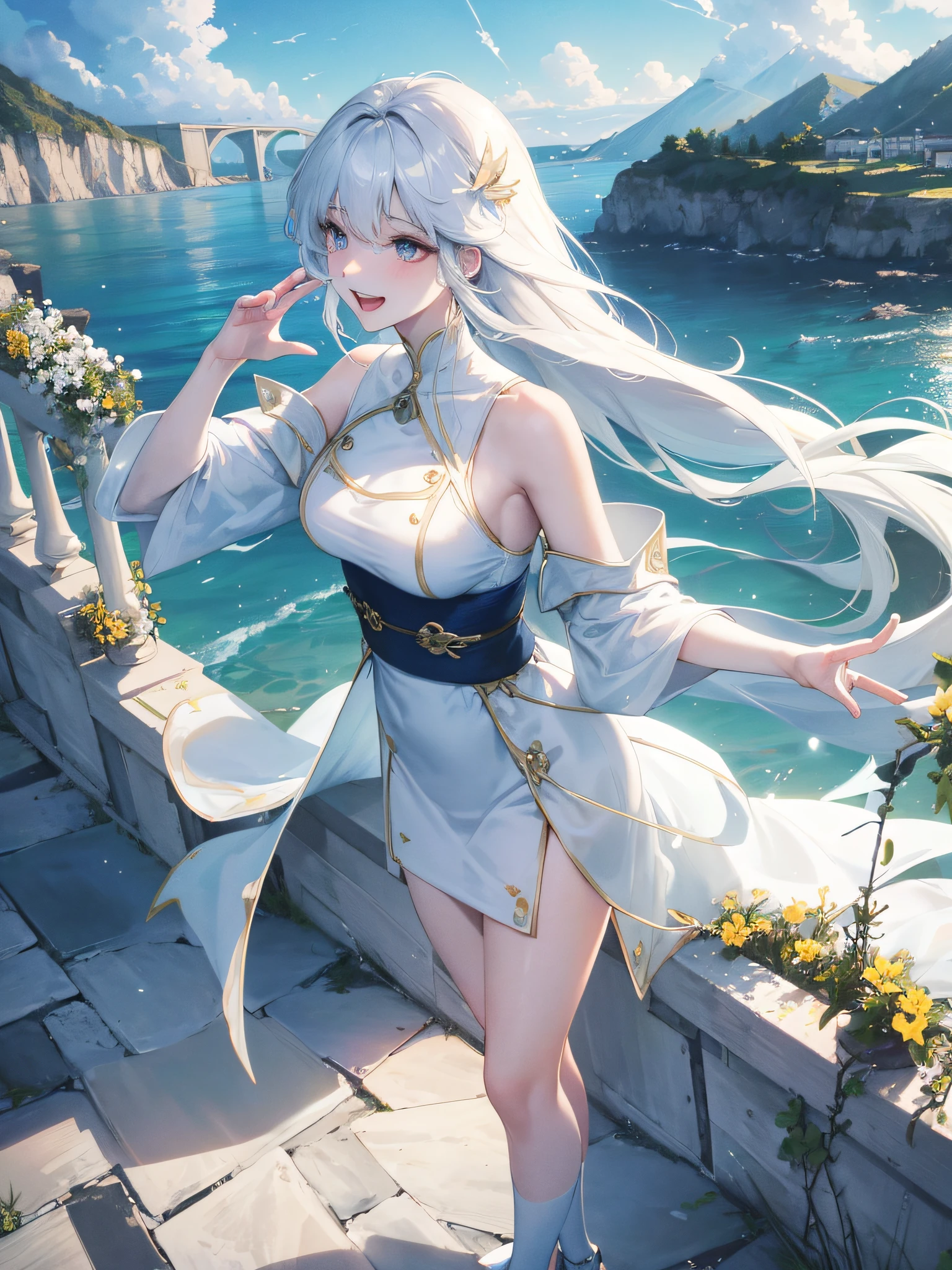 Official fine art,tmasterpiece,Sharp focus,(Beautiful gorgeous lovely Korean women:1.3),(beautiful lovely Korean people:1.3),South Korean beauties,Delicate and beautiful hair and eyes and face,Lifelike,ultra - detailed,Beautiful middle-aged girl ,A blue sky,Glowing white particles,(side-lighting:1.2),rays of sunshine,White cloud,Detailed clouds,Slender,Cute big breasts and big buttocks,Toothy laughter,((Laugh and open your eyes)),scenecy,Long straight hair, sexy facial expression, buliding, (idyllic scenery:1.7), Dynamic hair, Long straight hair, Delicate black hair, (potbelly), Long white socks, Pale skin, hair adornments, epic landscapes,legs separated,