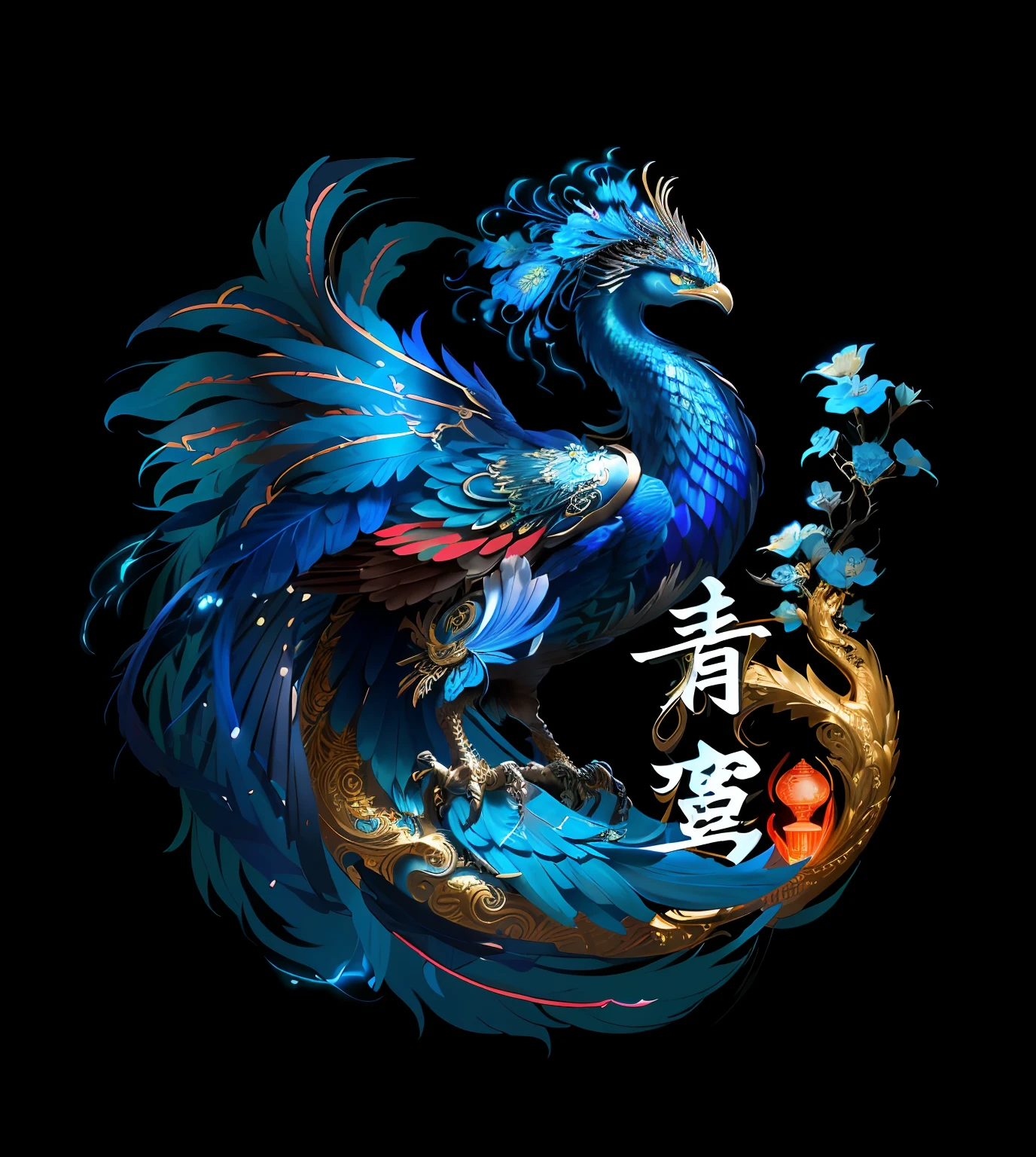 Close up of bird with flowers on black background, blue phoenix bird, Dragon peacock. Intricate, A beautiful artwork illustration, phoenix dragon,The claws are presented with a metallic texture The author uses a metallic finish:Tan Yang Kano, shui mo hua, cyan chinese dragon fantasy, artwork of a phoenix, jellyfish phoenix dragon, author:Kan Lee, Chinese fantasy, ''wallpaper of a phoenix resting