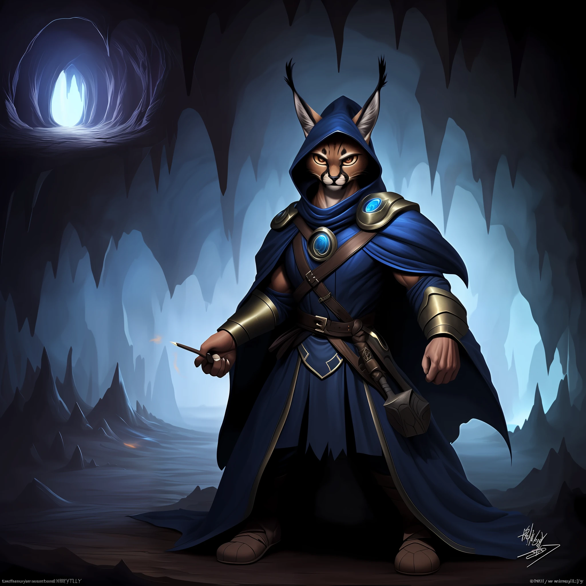 ((Furry is a caracal cat character dressed as a battle mage in a dark cave.)) muscled body. brooding. higly detailed. tmasterpiece, work of art, hiquality. soft colors. Blur the background lightly. 8k, HDR