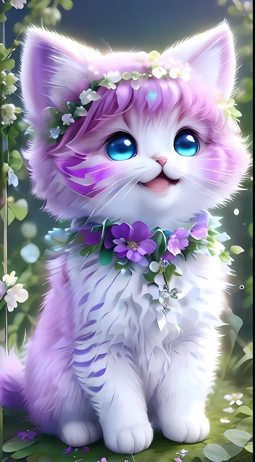 , Realistis, shaggy, (Kitten dressed), an cheeks, full bodyesbian, Non-human, ssmile, sparkle eyes, Minitary, Sit on a branch, lying down,In purple,Left!!!,Funny