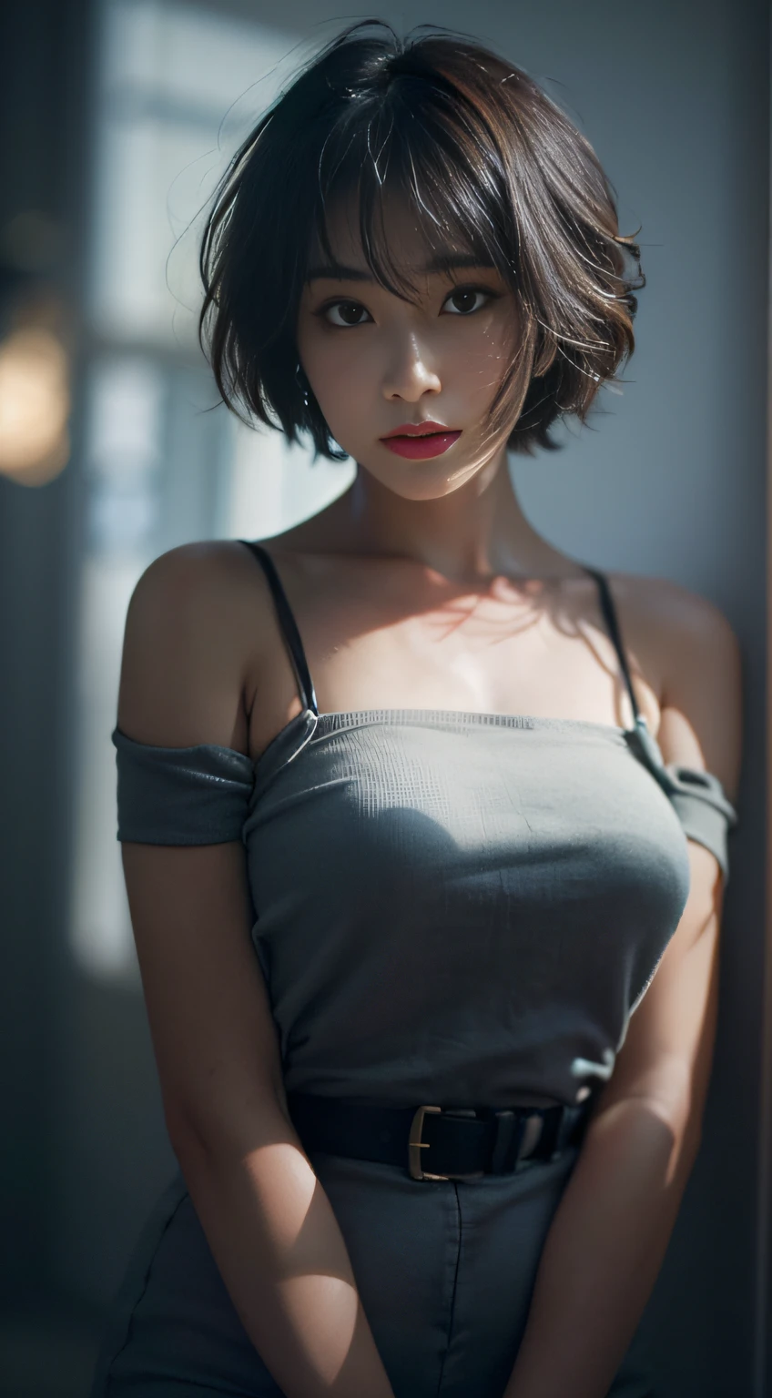 Best quality, masterpiece, ultra high res, (photorealistic:1.5), raw photo, 1girl, offshoulder, in the dark, deep shadow, low key, cold light, sexy look, short hair