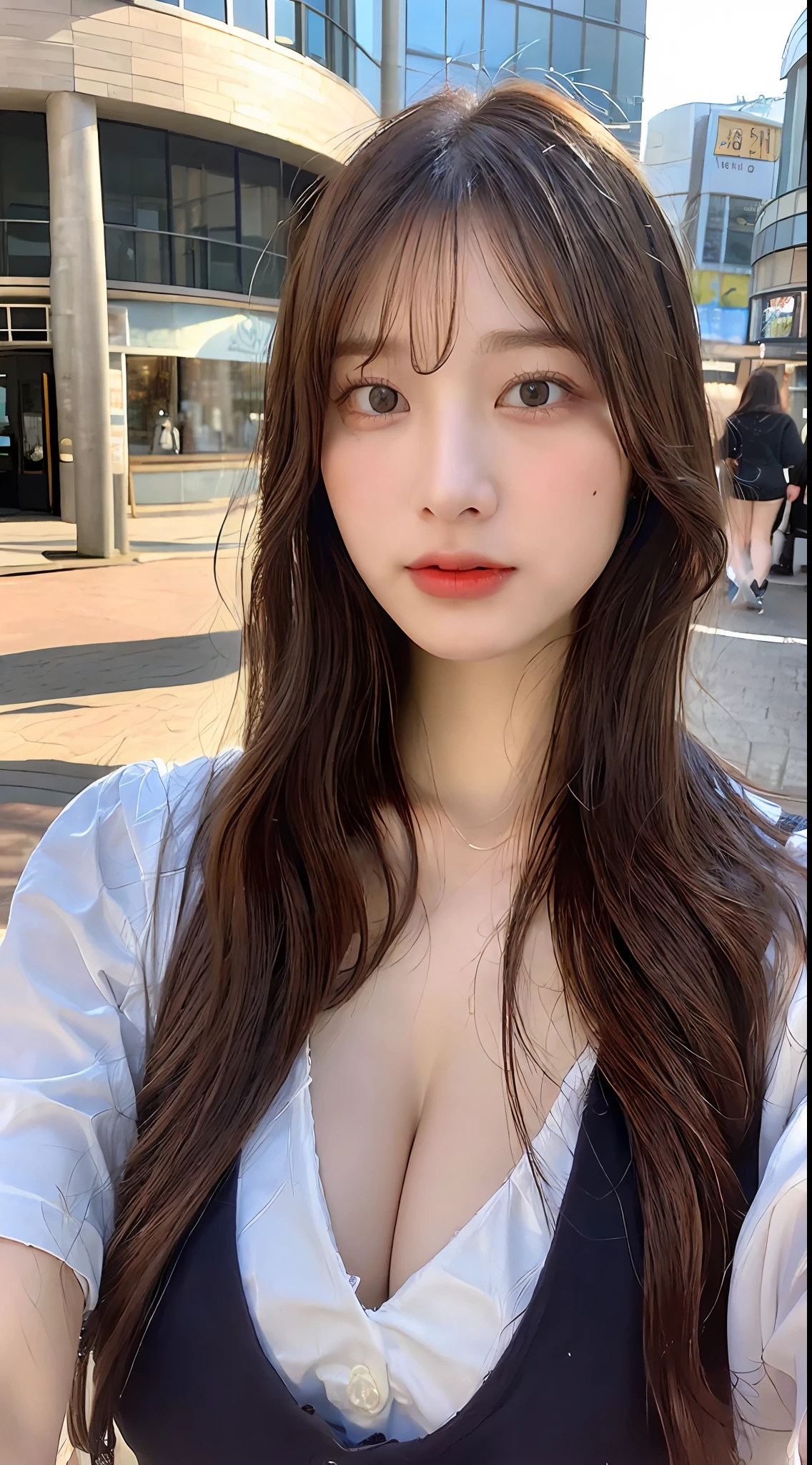 ((Best quality, 8k, Masterpiece :1.3)), Sharp focus :1.2, A pretty woman with perfect figure :1.4, Slender abs :1.2, ((Dark brown hair, Big breasts :1.2)), (Natural light, City street:1.1), Highly detailed face and skin texture, Detailed eyes, Double eyelid