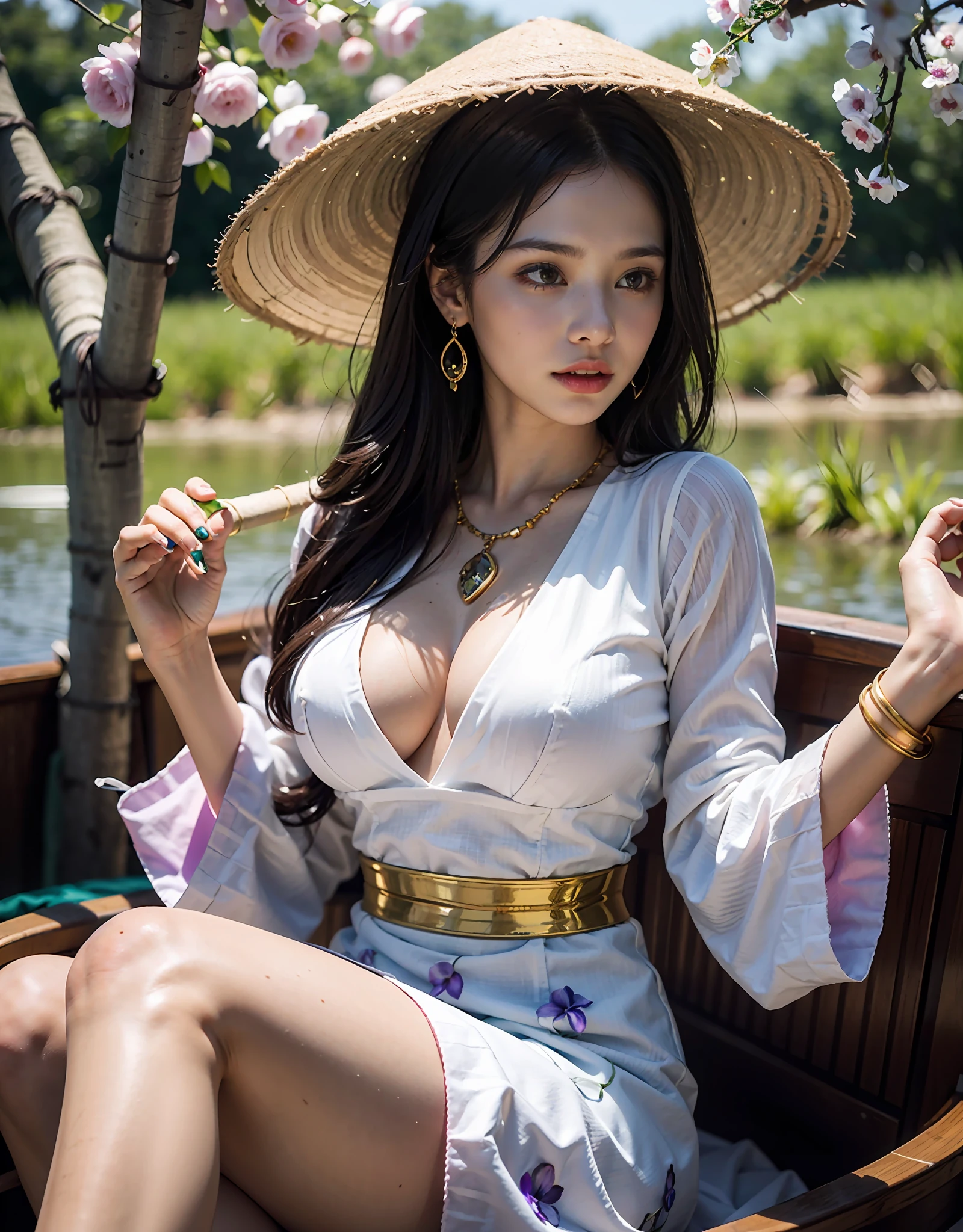 1girl,solo,20-year-old girl, sitting on a boat in the Mekong River, wearing a white AoDai with flower patterns, amethyst earrings, amethyst necklace, gold bracelet, wearing a vietnamese bamboo hat, delicate eyes, delicate face, big breasts, shiny skin, perfect body, perfect hands, perfect feet, the best masterpiece, masterwork, ultra-realistic photos of people, high-quality, high-quality, HDR, ultra-high resolution drawing,