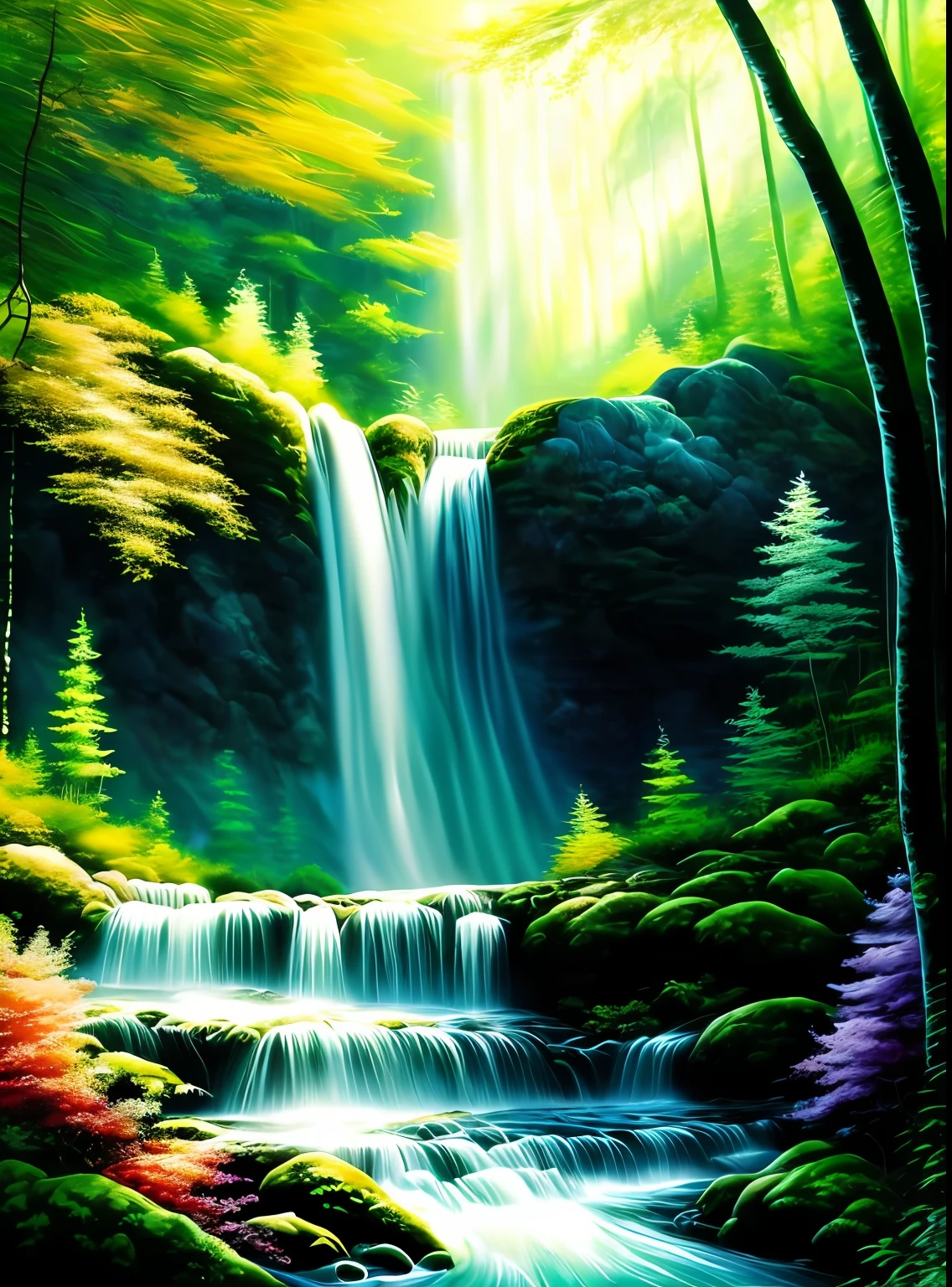 painting of a waterfall in a green forest with a sunbeam, waterfalls, amazing depth, breathtaking masterpiece of art, peaceful beautiful waterfall, multiple waterfalls, an endless waterfall, (waterfall), waterfall(beautiful, waterfall backdrop, waterfall, beautiful art uhd 4 k, streams of flowing light, soft airbrushed artwork, immense waterfall, cascading iridescent waterfalls