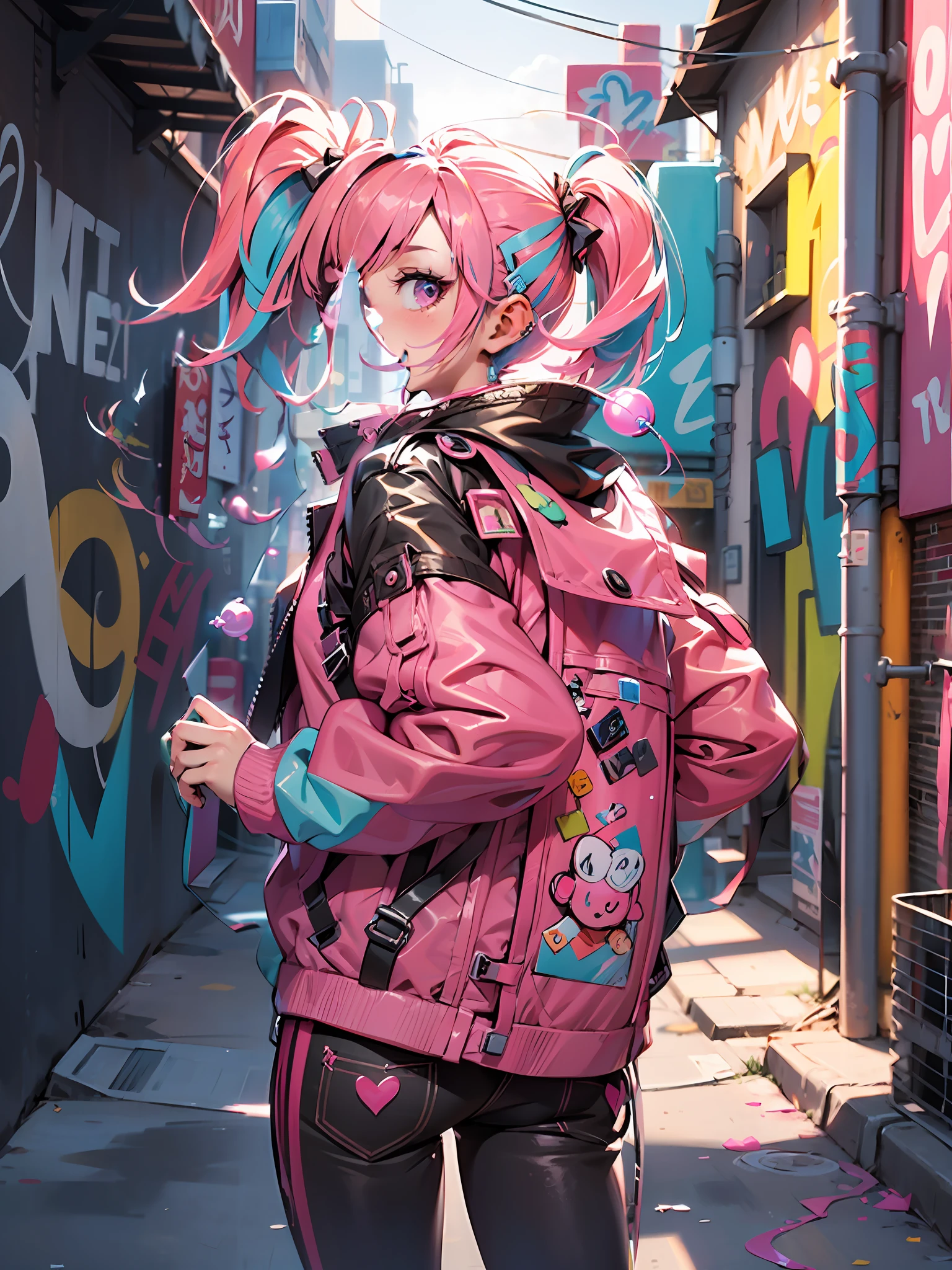 A young girl with pink hair, blowing bubblegum, behind her hands, back to camera, looking back at the camera