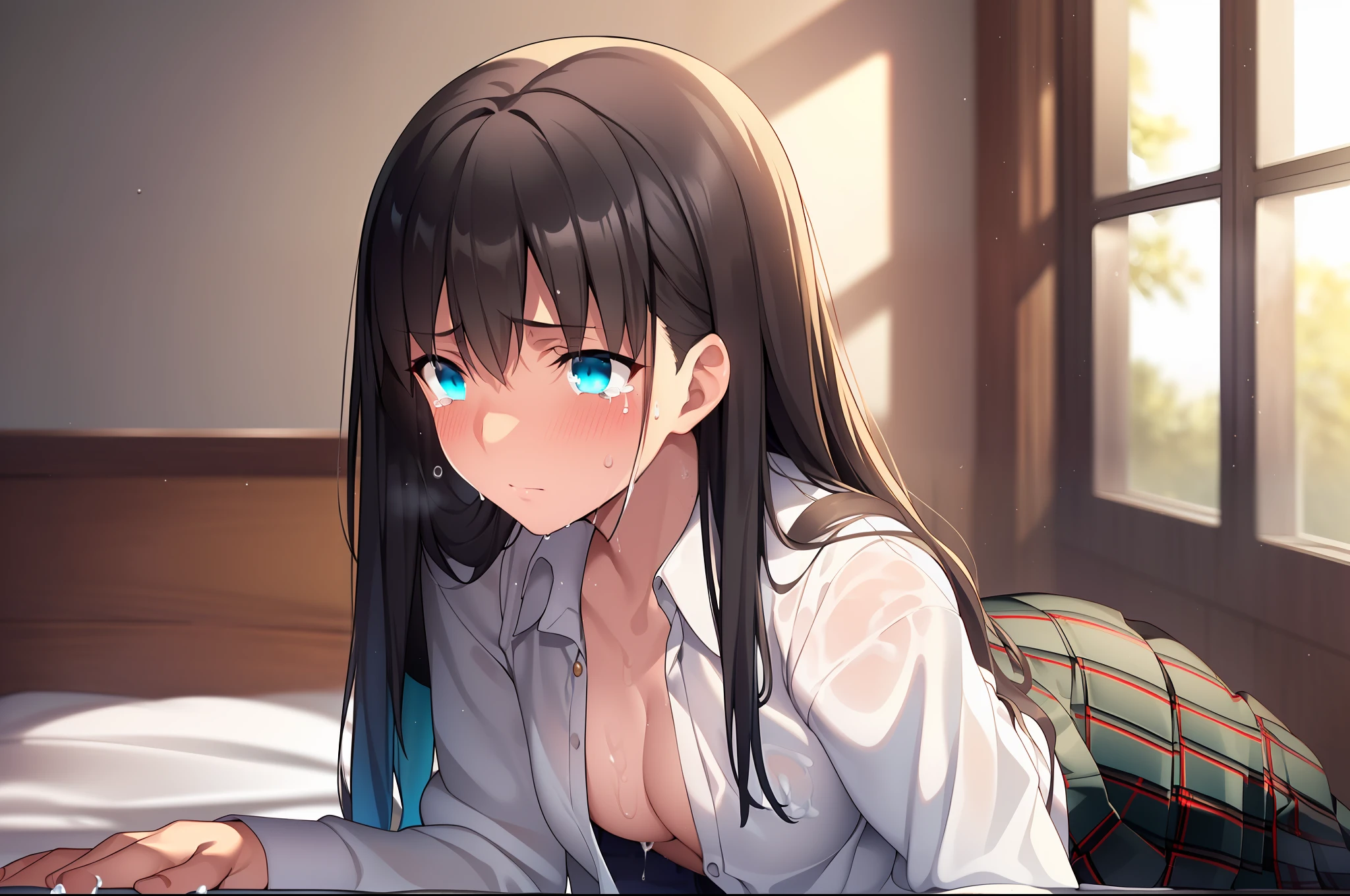 {{{beautiful}}}, amazing, (best quality:1.5), (masterpiece:1.5), extremely delicate and beautiful, intricate details, finely detailed, extremely detailed, beautifully detailed, ultra-detailed, (hyperdetailed:1.5), high resolution, (illustration), watercolor pencil, Clear line drawing, (ufotable style:1.1), (ufotable screen cap:1.1), anime coloring, anime screencap, (latest picture), backlighting, dynamic angle, glow, depth of field, {{{body satisfaction}}}, (body with a good balance of style:1.5), (slender figure:1.5), perfect body, perfect hands, perfect feet, (two arms:1.2), (two legs:1.2), (five fingers each:1.2), (perfect joint:1.2), perfect joint movement, beautiful detailed eyes, (detailed eyes:1.5), finely detailed eyes, perfect anatomy, full dissection, perfect composition, correct limbs, balance and coordination in all things, realistic:0.5, precise fingers and hands, (finely drawn hair:1.5), {{{cool girl}}}, (black hair:1.3), (semi-long hair:1.3), (straight hair:1.3), bangs, (cyan eyes:1.3), (medium breasts:1.3), (small-sized buttocks:1.3), {{{Bedroom}}}, (bed:1.3), indoors, {{{school uniform}}}, (white collared shirt:1.5), white shirt, breast tent, (checkered pleated skirt:1.5), checked skirt, pleated skirt, (unbutton one's first button:1.5), {{{blush}}}, shy, (sweat:1.5), (teary eyes:1.7), (ecstasy:1.5), gasping face, (ecstasy face), (white liquid drips between her legs and down her thighs:1.5), {{{masturbation}}}, female masturbation, masturbating, fingering, (spread one's legs:1.3), (solo:1.5), self-love, self fondle, 1girl, clothed, (doggy style), (on all fours:1.5), ass, top-down bottom-up,