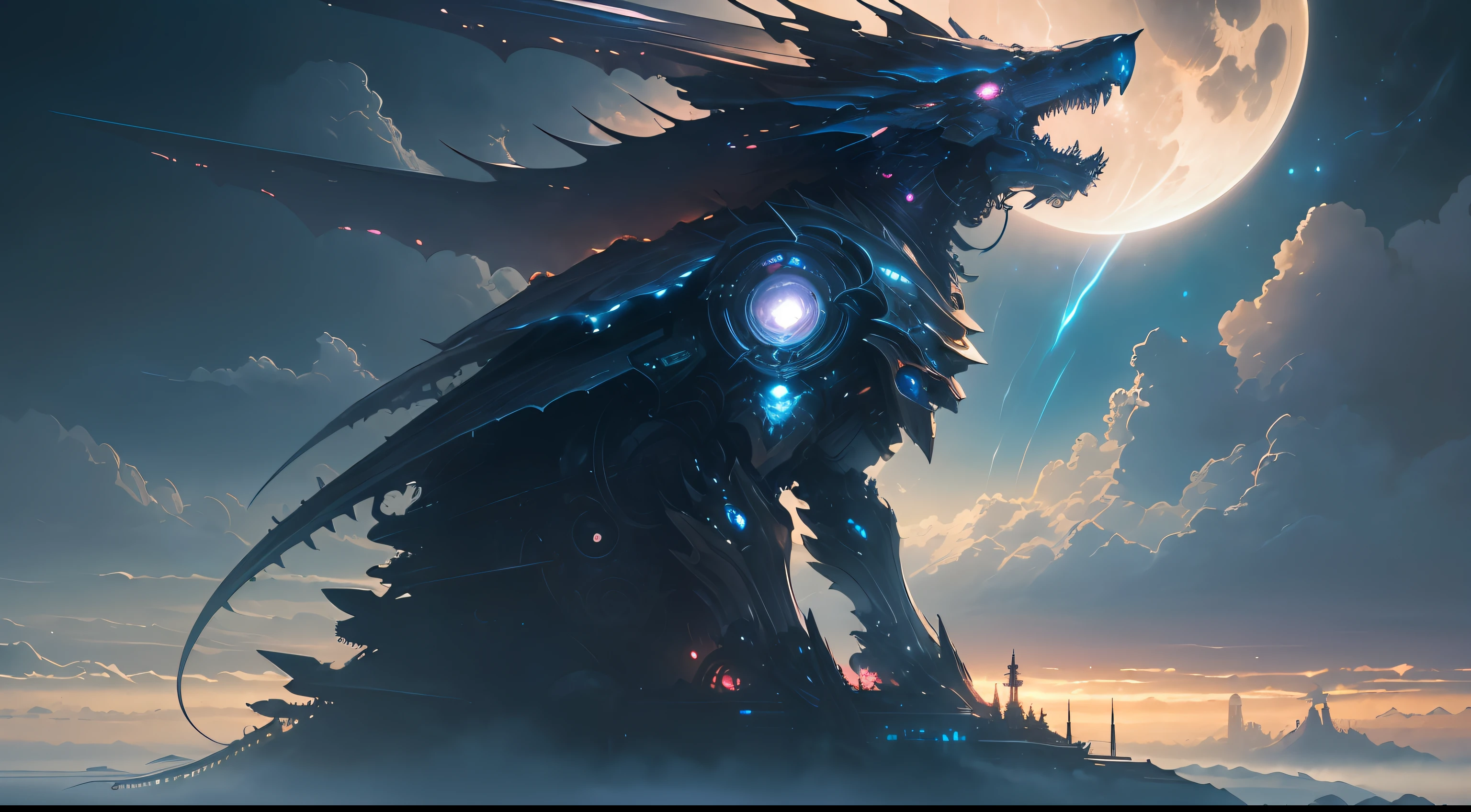 ((best quality)), ((masterpiece)), (detailed), giant mecha, horror beauty, perched on a cloud, (fantasy illustration:1.3), enchanting gaze, otherworldly charm, mystical sky, (Luis Royo:1.2), (Yoshitaka Amano:1.1), moonlit night, soft colors, (detailed cloudscape:1.3), (high-resolution:1.2) --auto