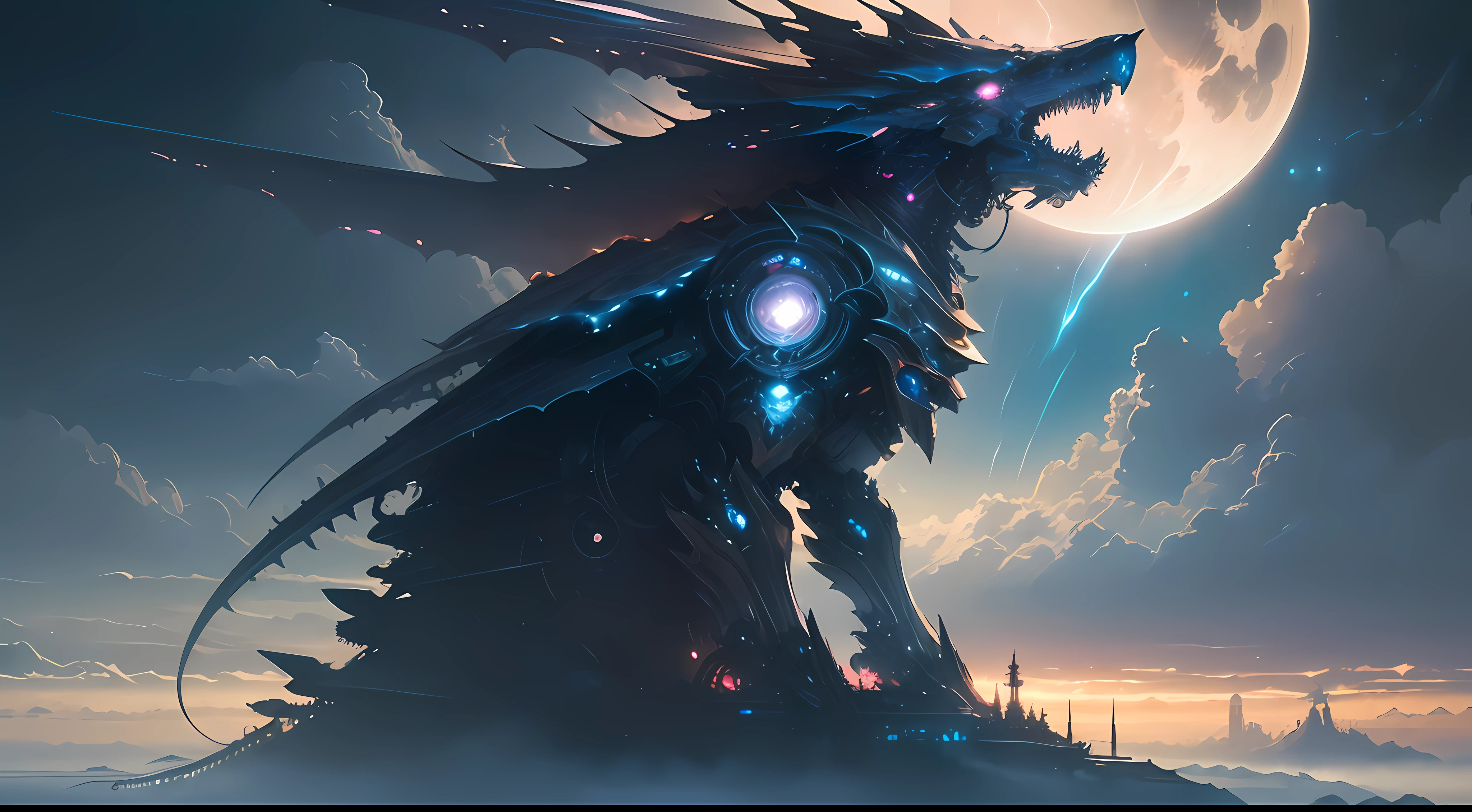 ((best quality)), ((masterpiece)), (detailed), giant mecha, horror beauty, perched on a cloud, (fantasy illustration:1.3), enchanting gaze, otherworldly charm, mystical sky, (Luis Royo:1.2), (Yoshitaka Amano:1.1), moonlit night, soft colors, (detailed cloudscape:1.3), (high-resolution:1.2) --auto