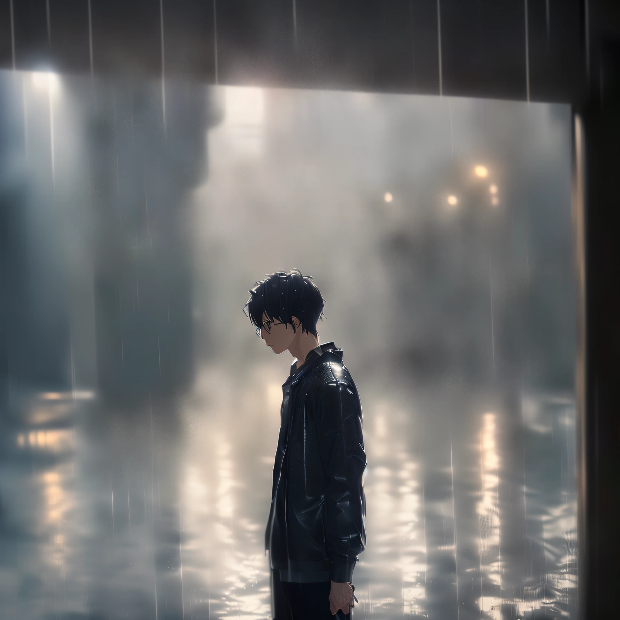 There was a man standing in the rain of a building, Makoto Shinkai. rendering by octane, rendering by octane. By Makoto Shinkai, Makoto Shinkai. a digital rendering, rainy days. game render, gloomy cinematic lighting, With cinematic lighting, cinematic atmospheric photo, Atmospheric portrait, movie still 8 k, moody cinematic lighting