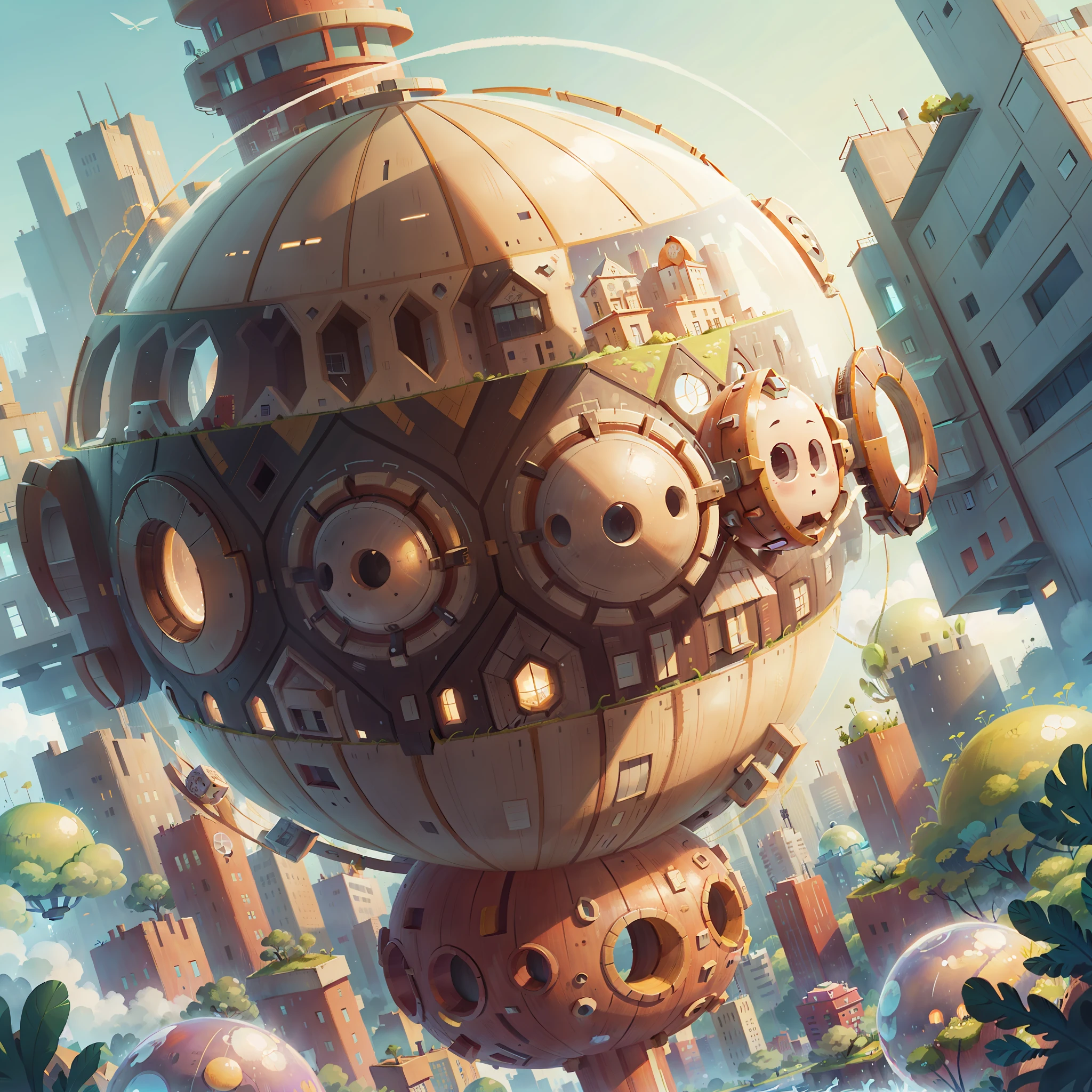 A sphere floating in the sky,In the sphere is a city in the background,The building is high-tech, You can see the internal structure of the building,Isometric profile,hyper photorealism