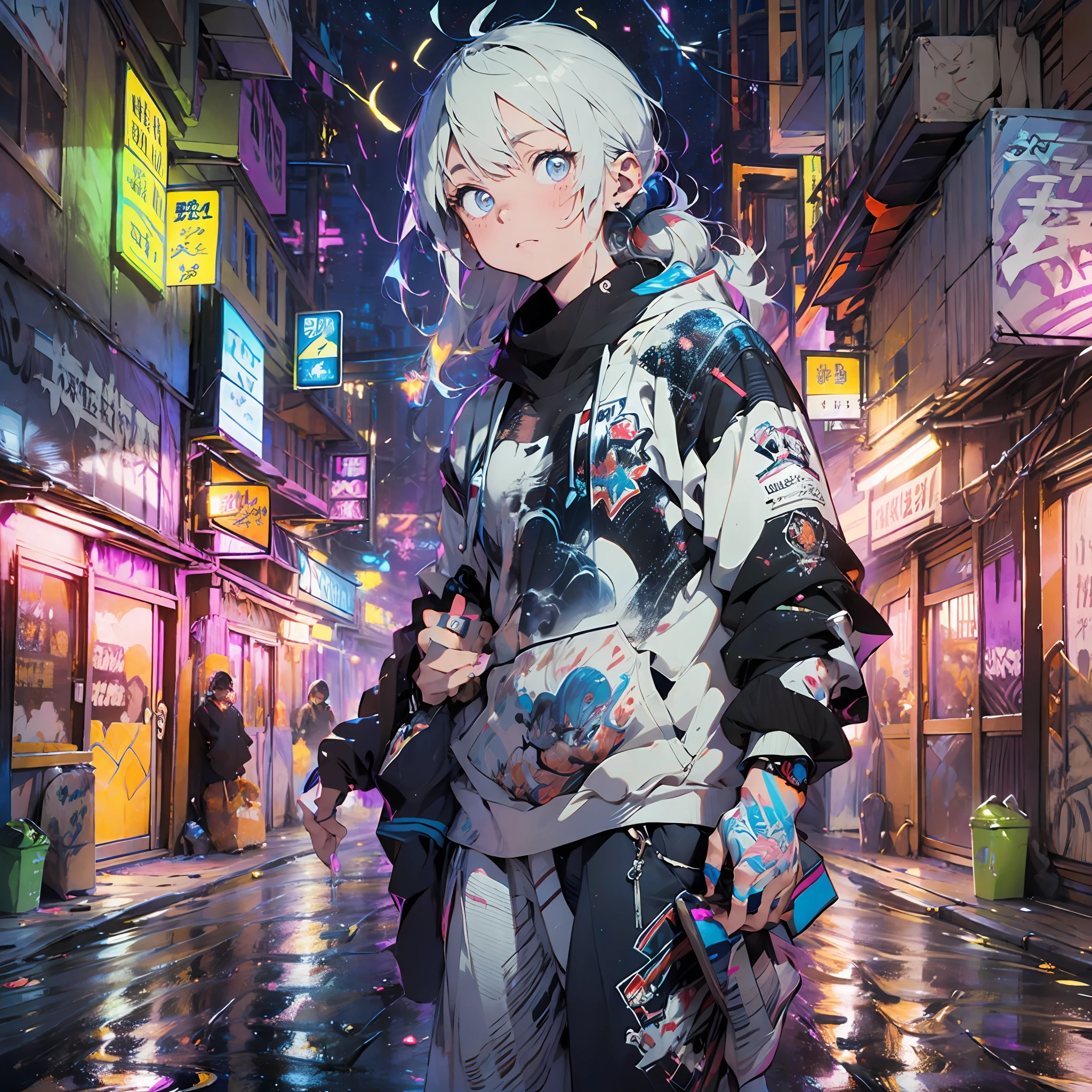 (the complex background,Perfect CG art,tmasterpiece,Works of masters: 1.2),alley,muri,Street graffiti,splatted paint,Paintwork,(Graffiti 1.5),glowing jellyfish,afloat,High saturation,Fluorescence,Paint bucket,Printing,colorful paint,Storytelling images,8k wallpaper,Pisif,Dark background,complementary colours,Particle light effects,cyber punk perssonage,Neon light,Handsome pose,Motion blur,the night,Dexterous posture
