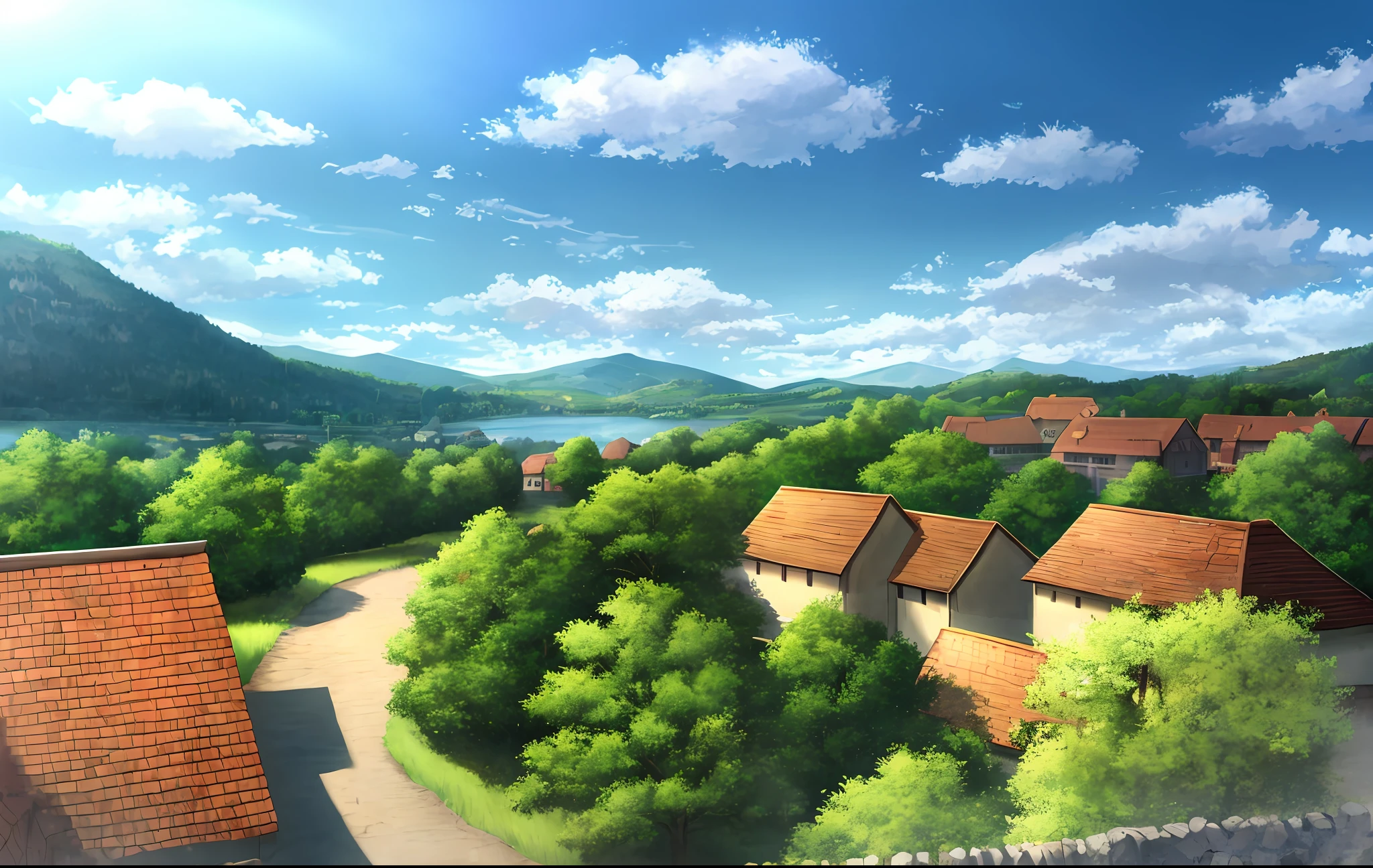 scenery, forest, village, well, sky, clouds
