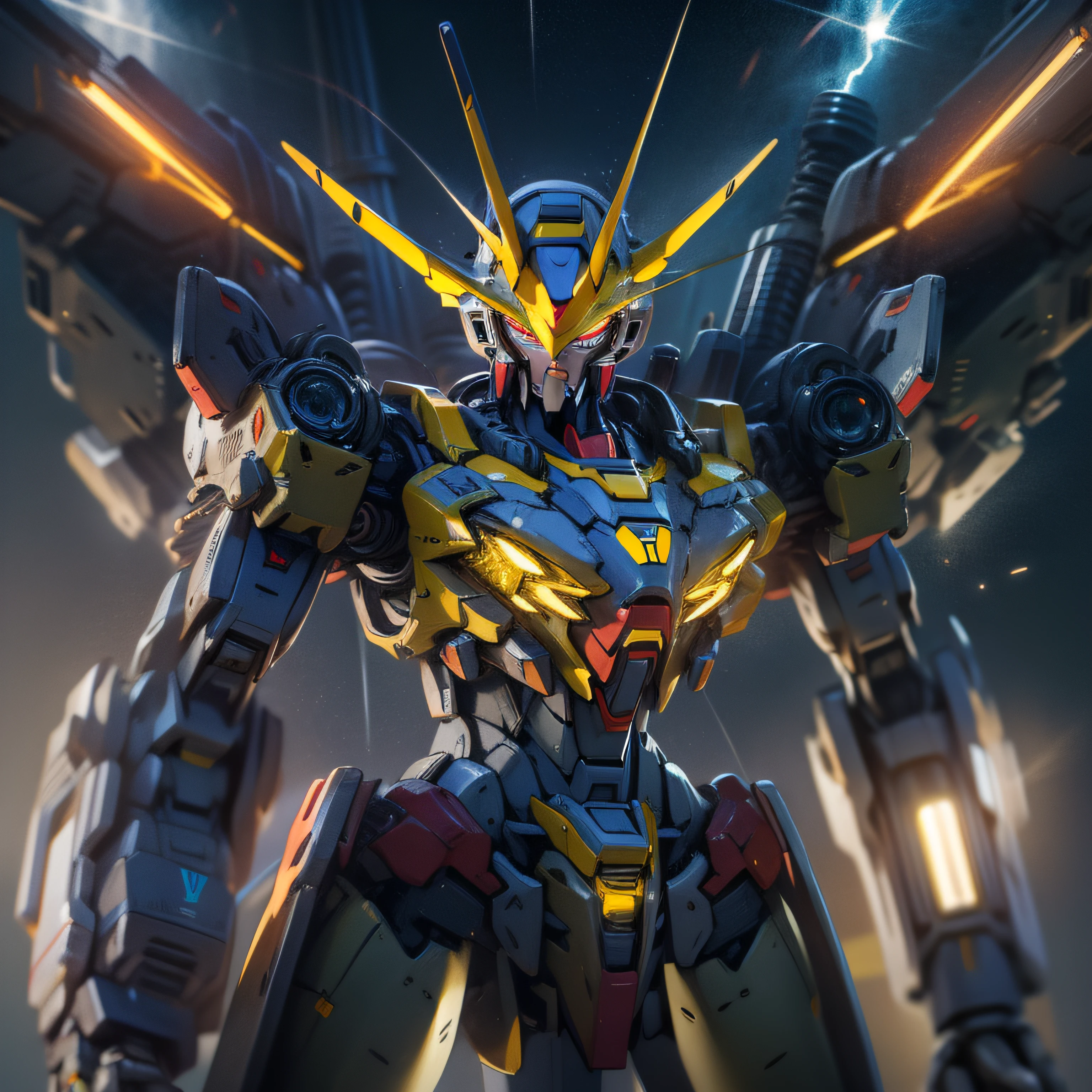 8K UHD, DSLR, Photorealistic, ultra realisic, Cinematic Lightning, high detailed, High Quality ,Robot full-body photography, Gundam Destiny, Evangelion, LEDs illuminate the eyes and chest., Shining laser sword