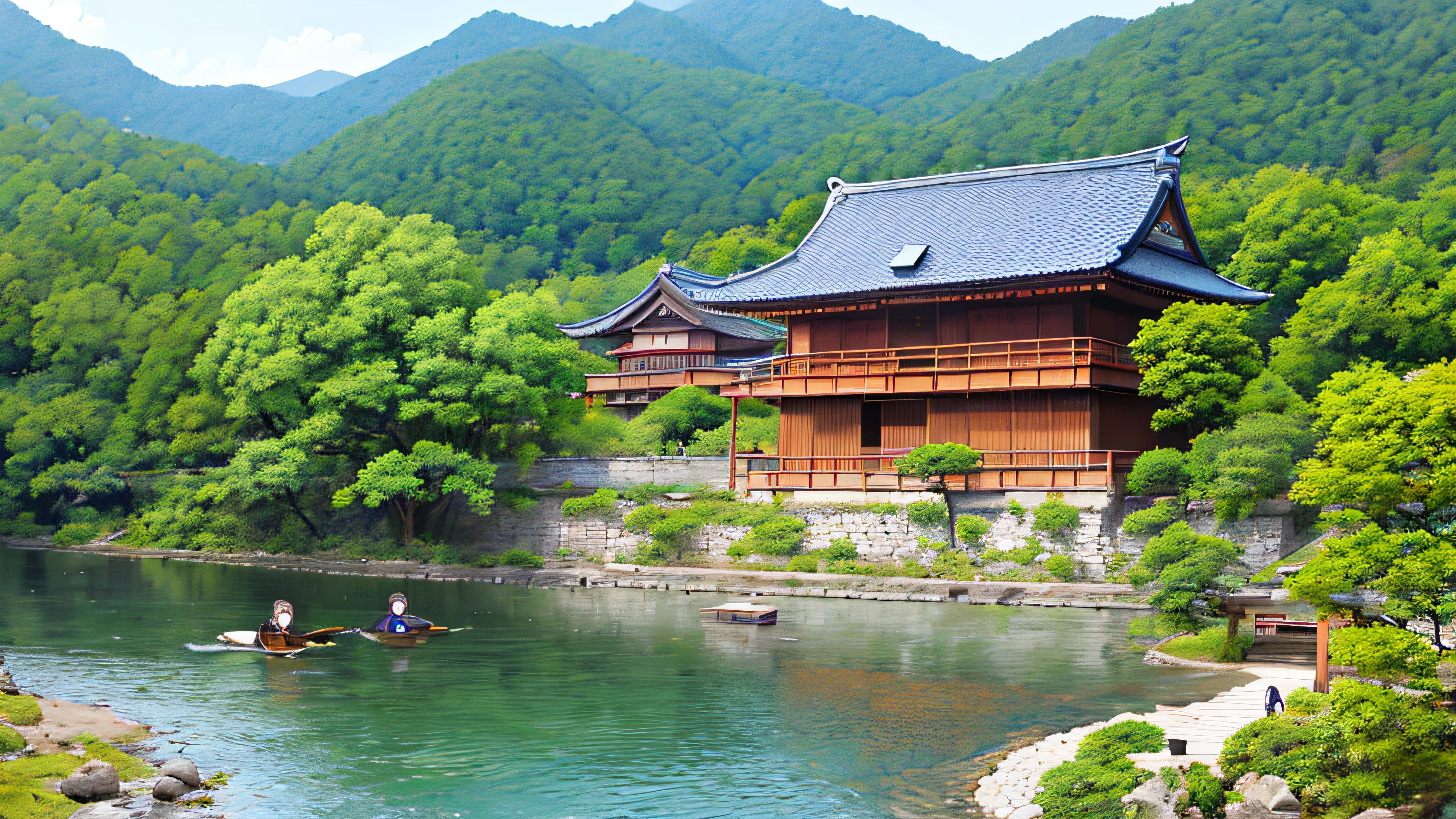 ((masutepiece)), Best Quality, (subject), 35 mm, vila, in mountains, River, Japan Edo architecture, People on the street々,