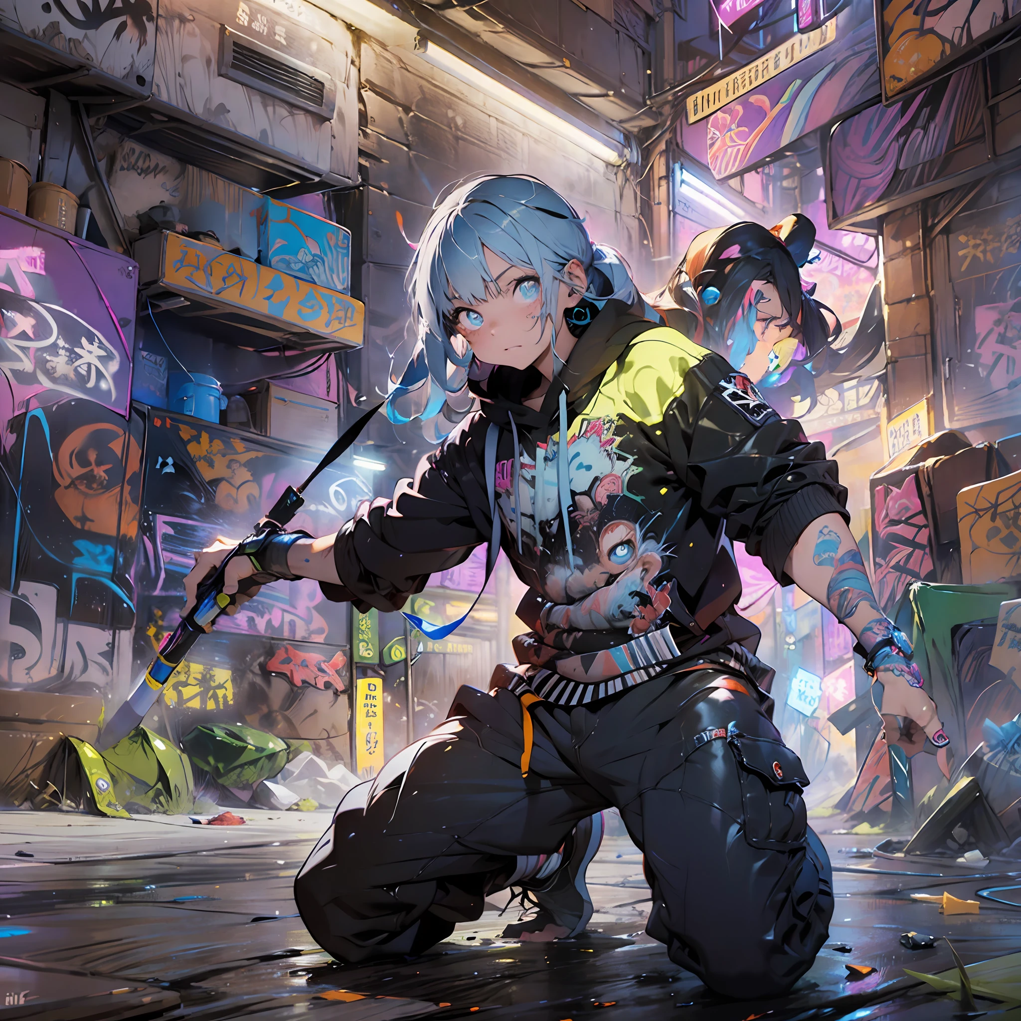 (the complex background,Perfect CG art,tmasterpiece,Works of masters: 1.2),alley,muri,Street graffiti,Colored smoke,Eye-catching graffiti,Dazzling graffiti,(Graffiti 1.5),glowing jellyfish,afloat,High saturation,Fluorescence,Paint bucket,Printing,colorful paint,Storytelling images,8k wallpaper,Pisif,Dark background,complementary colours,Particle light effects,cyber punk perssonage,Neon light,Handsome pose,Motion blur,the night,Dexterous posture
