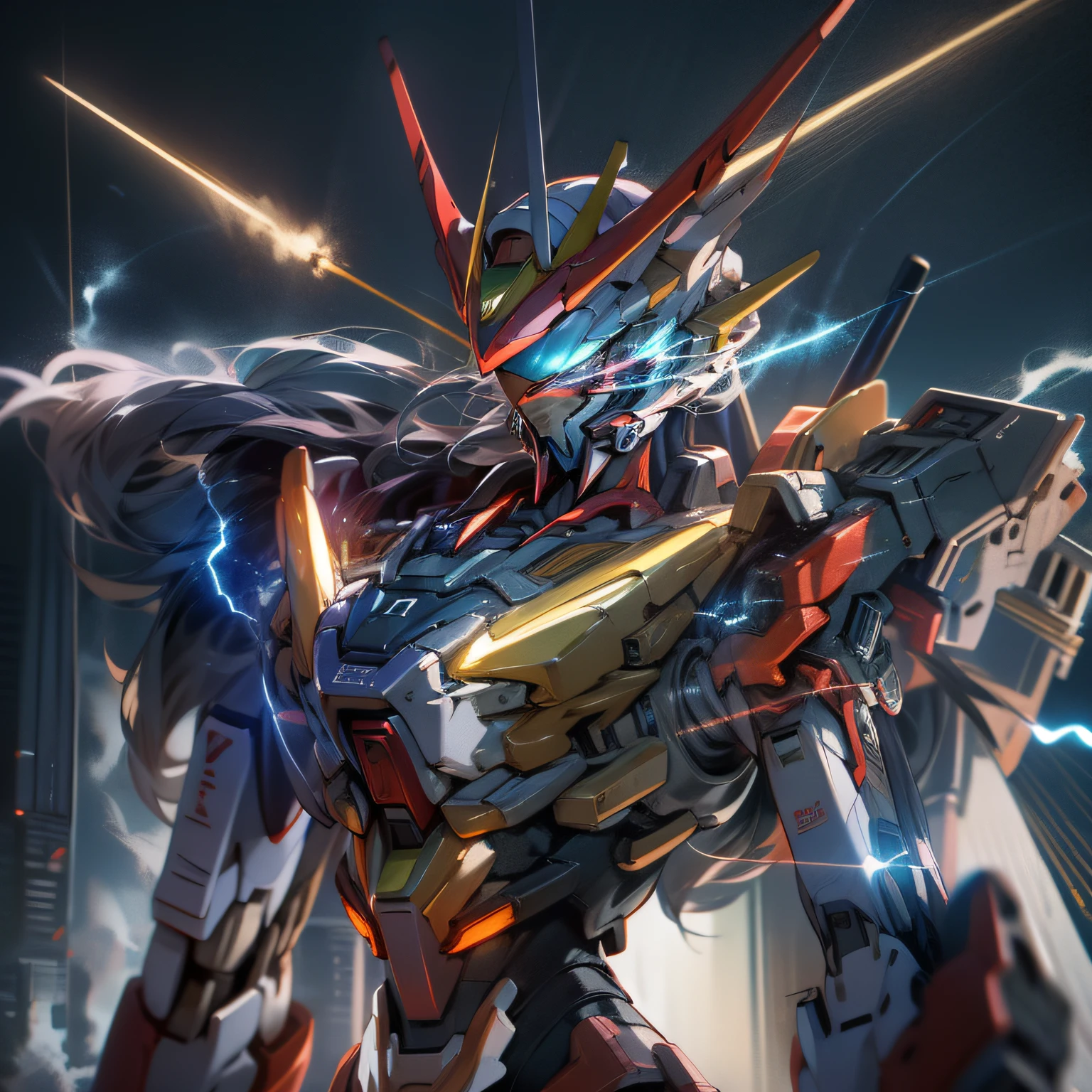 8K UHD, DSLR, Photorealistic, ultra realisic, Cinematic Lightning, high detailed, High Quality ,Robot full-body photography, Gundam Destiny, Evangelion, LEDs illuminate the eyes and chest., Shining laser sword