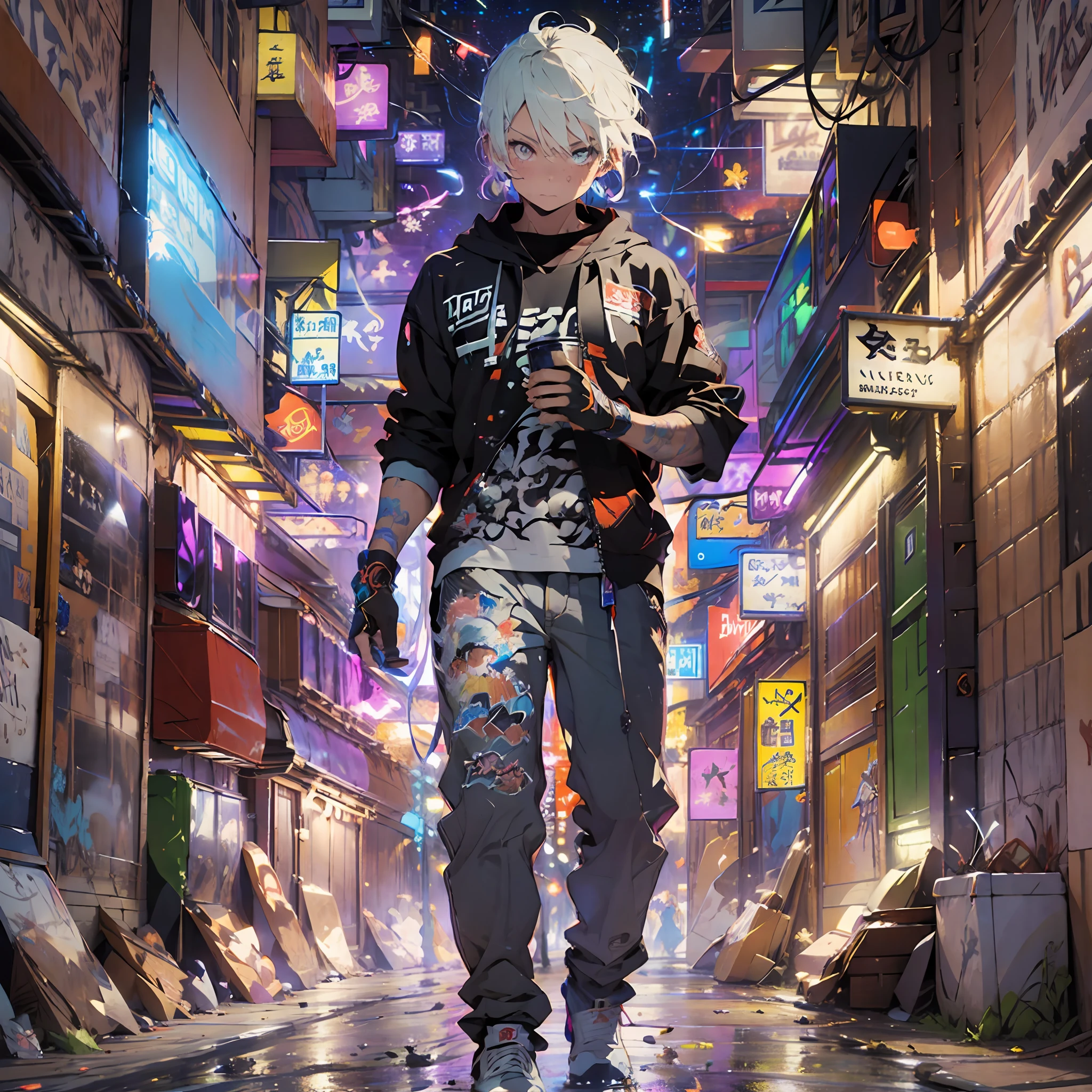 （the complex background，Perfect CG art，tmasterpiece，Works of masters: 1.2），alley，muri，Street graffiti，Colored smoke，Striking graffiti，Dazzling graffiti，（Graffiti 1.5），glowing jellyfish，afloat，High saturation，Fluorescence，Paint bucket，Printing，colorful paint，Storytelling images，8k wallpaper，Pisif，Dark background，complementary colours，Particle light effects，cyber punk perssonage，Neon light，Handsome pose，Motion blur，the night，Dexterous posture