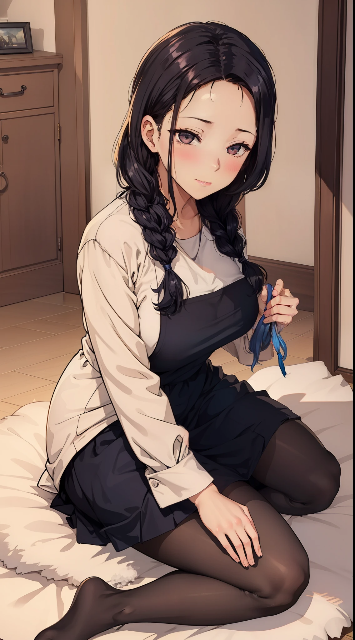 A housewife cleaning her room,sat on the ground,The eyes do not look at the lens,A shy look,Blushing mother,one braid,Smooth skin,Very meticulous clothes,Black stockings,extremly high detail,Random actions,interior scenes,is shy,kind,A MILF