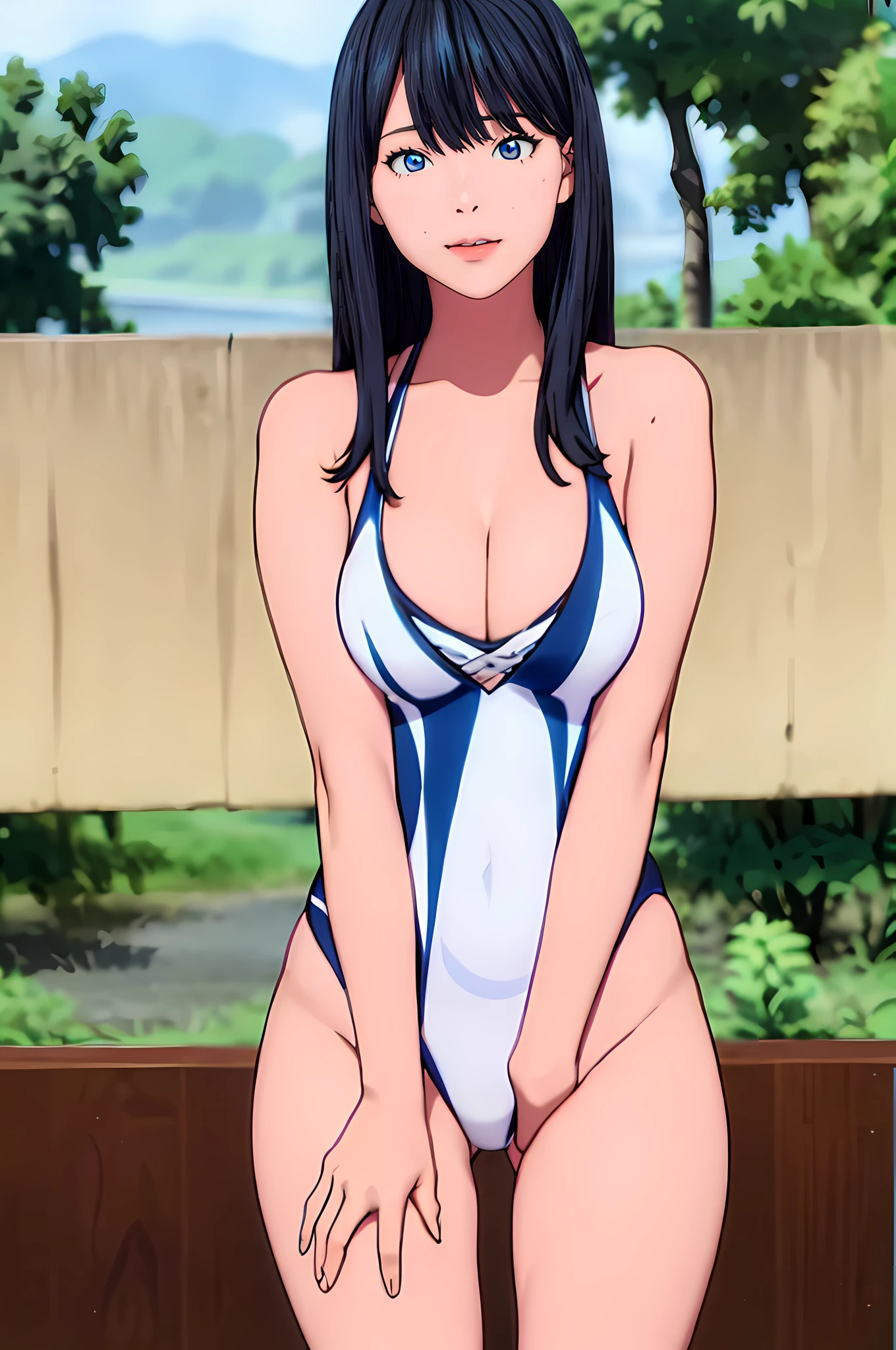 gridman_Universe SSSS.Gridman Takarada_Rikka Absurd Hi-Res 1 Girl Ass Black_hair blue_Eyes Blue_onepiece_Swimsuit Contest_swimsuit cowboy_Shot High Leg High Leg_Swimsuit Long_hair looking_で_viewer multicolored_multicolored clothes_Swimsuit Multiple_One Piece View_Swimsuit Seated Smiling Standing Swimsuit Wariza