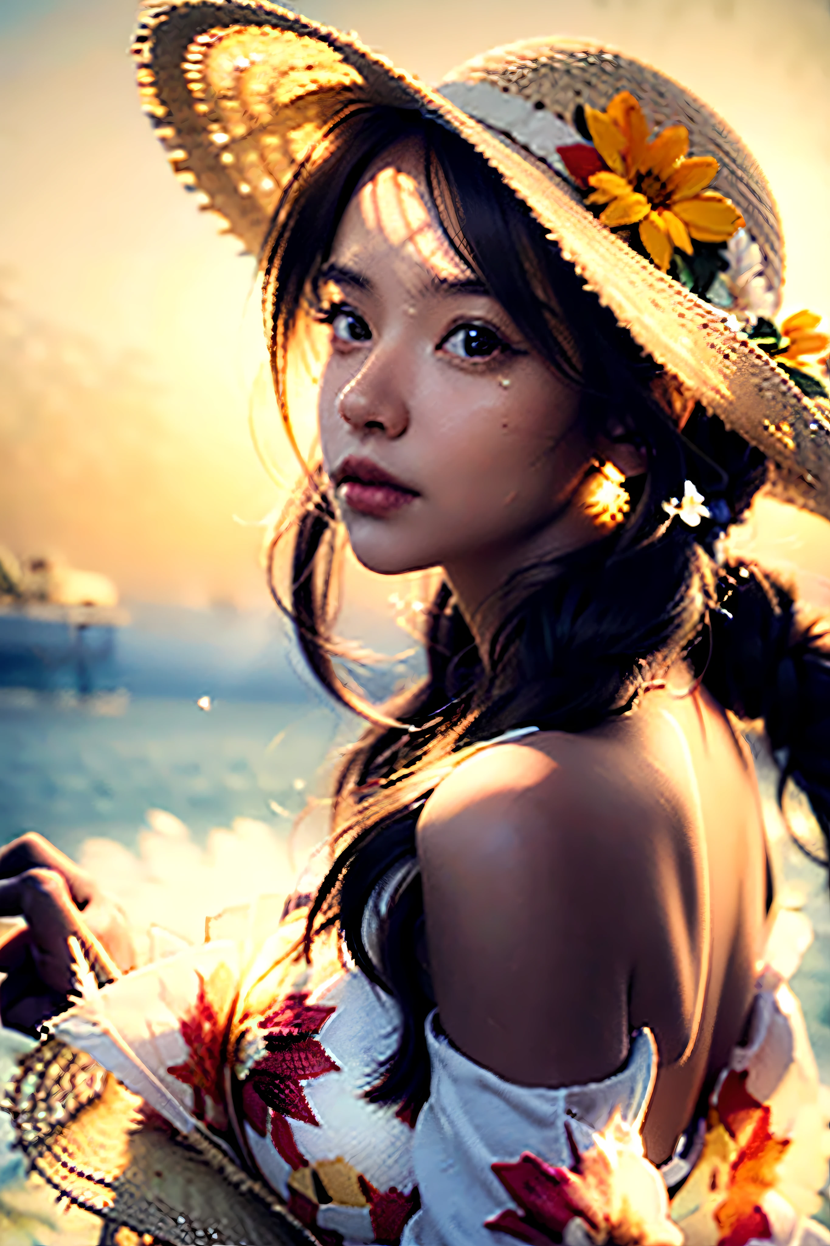 (extreme close up:1.5), (face focus:2),(Style of ???? ???:1.5),
((side face:2)),(1girl surrounded by soft_light:1.5), (backlighting:1.8), (lighting),(flowing fabric:1.3), ((Floral_summer_dress:1.5),(Straw_hat:1.3)),
(masterpiece), realistic, HDR, highly detailed, 8k, raw photo,
ambient occlusion, natural, harmonious composition, warm tones, fine art photography, brown skin