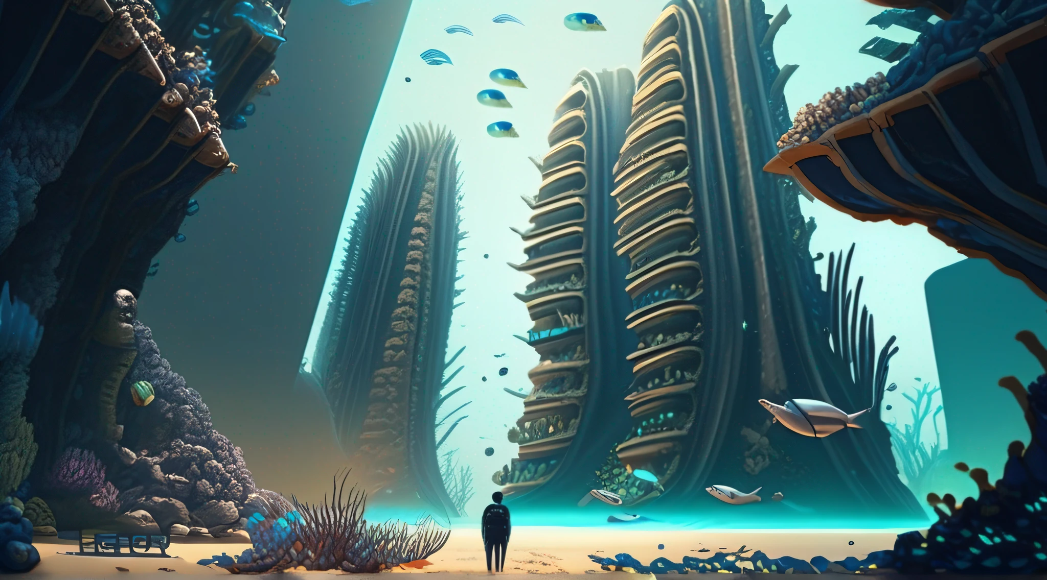 A futuristic,Deep seabed,Cyberpunk abandoned tall buildings,tmasterpiece,Best quality at best,high qulity,Very detailed CG,The is very detailed,iintricate、high detal、Dramatic light and shadow、Art and masterpieces, 8k,,Undersea rocks,Sand,Broken coral reefs,tropical fishes,