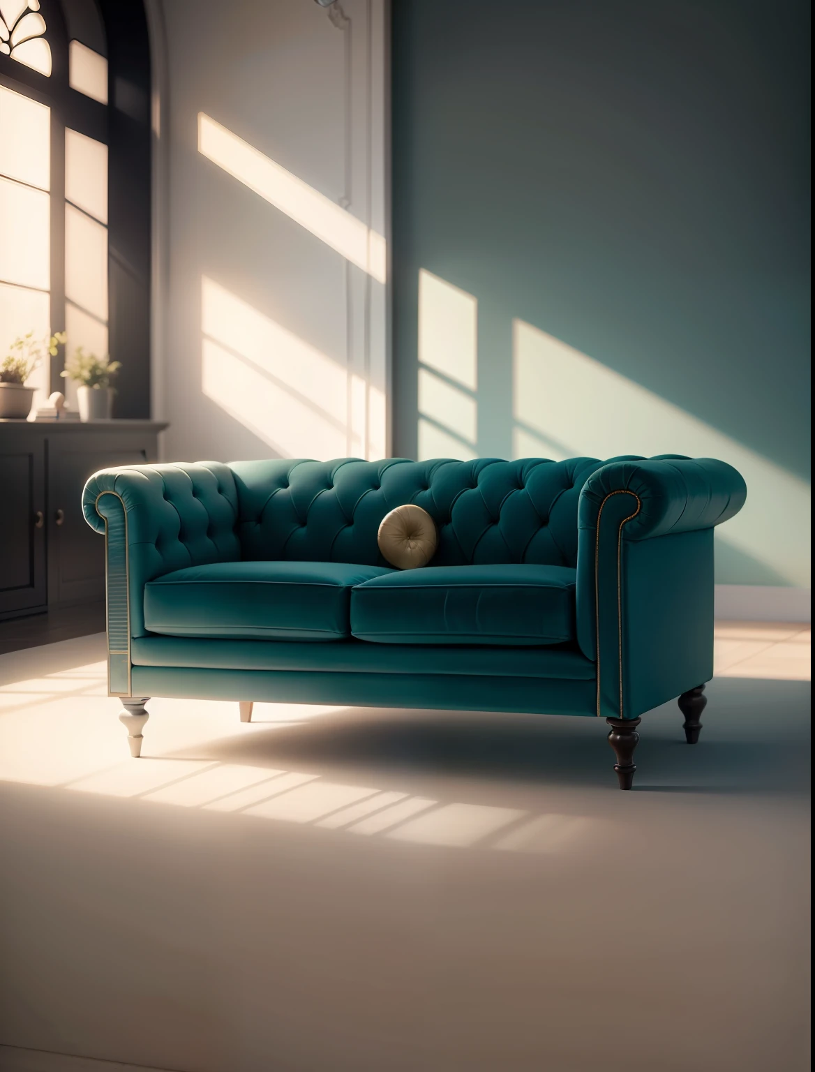 Modern interior living room,The room was brightly lit,White background wall,There are tables and chairs,carpets,Modern wood,large french window,Green velvet sofa,Button backrest and armrests,dark teal couch,luxurious furniture,tufted softly,large couch,