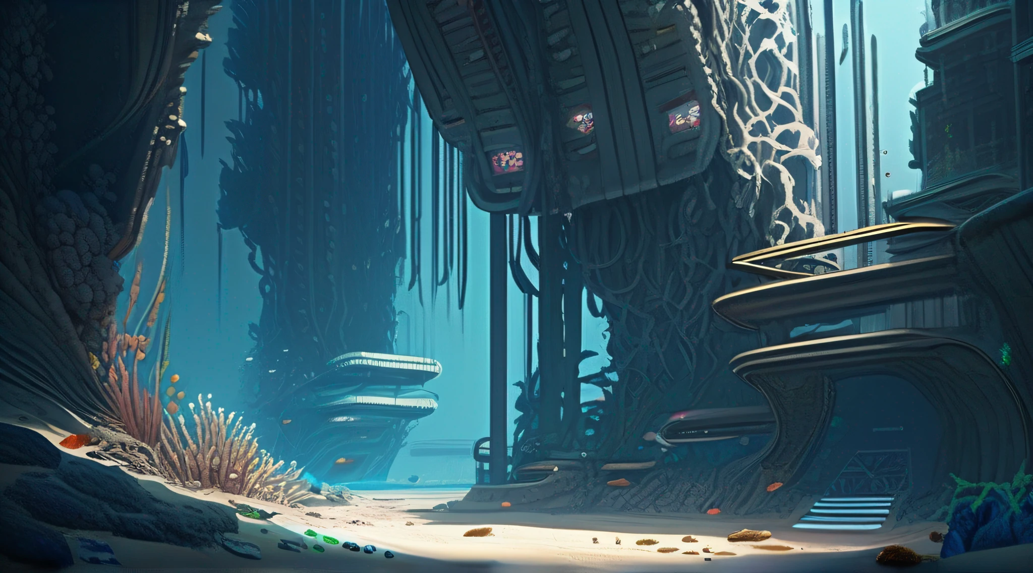 A futuristic,Deep seabed,Cyberpunk abandoned tall buildings,tmasterpiece,Best quality at best,high qulity,Very detailed CG,The is very detailed,iintricate、high detal、Dramatic light and shadow、Art and masterpieces, 8k,,Undersea rocks,Sand,Broken coral reefs,tropical fishes,