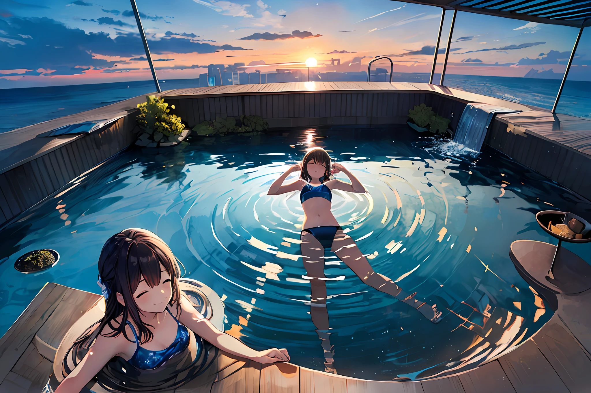 ((girl is swimming lying on her back)), smile, closed eyes, (((top-down view:1.5))), ((distant view)),infinity pool mirrors, infinity pool, infinity concentric pool, epic and stunning, paradise in the background, heaven in the top, sitting on a reflective pool, heaven on earth, sitting in a reflective pool, in a luxurious pool, stunning view, sit on the edge of swimming pool, sunrise