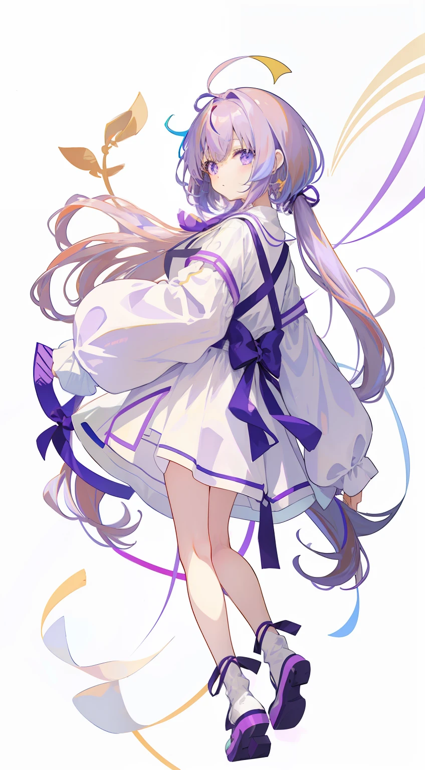 an anime girl, moe art, Deformed illustration、Chibi Chara、SD Character, Pop atmosphere, Viola、Vine color, PastelColors, Yumekawa、Twinkle Eyes、long、((Light purple hair))、(White clothes)、Full body illustration、Head to toe、(White background)、mature appearance