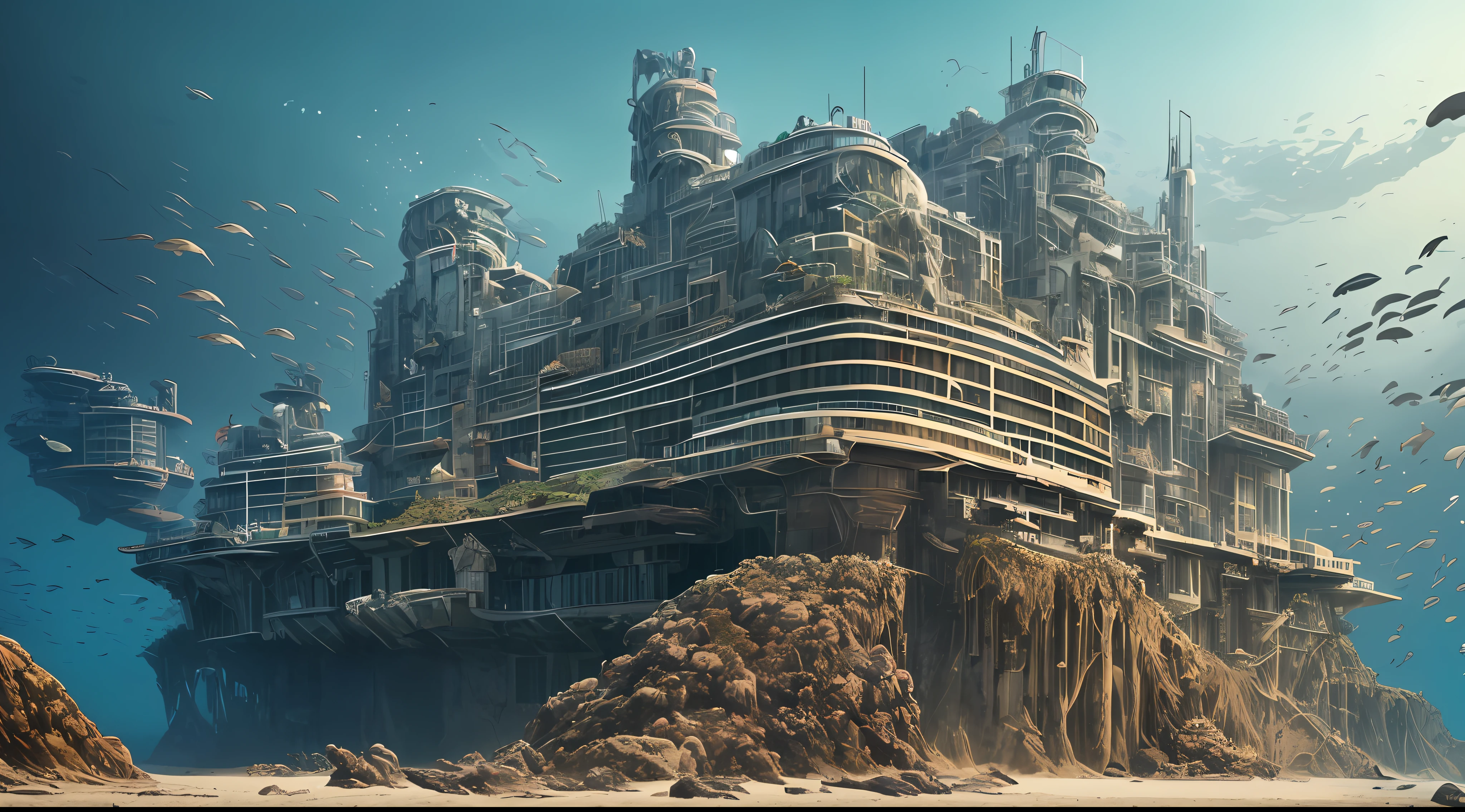 A futuristic,Dark tones,Deep seabed,Cyberpunk abandoned tall buildings,Light in the dark,tmasterpiece,Best quality at best,high qulity,Very detailed CG,The is very detailed,iintricate、high detal、Dramatic light and shadow、Art and masterpieces, 8k,dim colors,,Undersea rocks,Sand,Dull background,Broken coral reefs,Scary tropical fish,