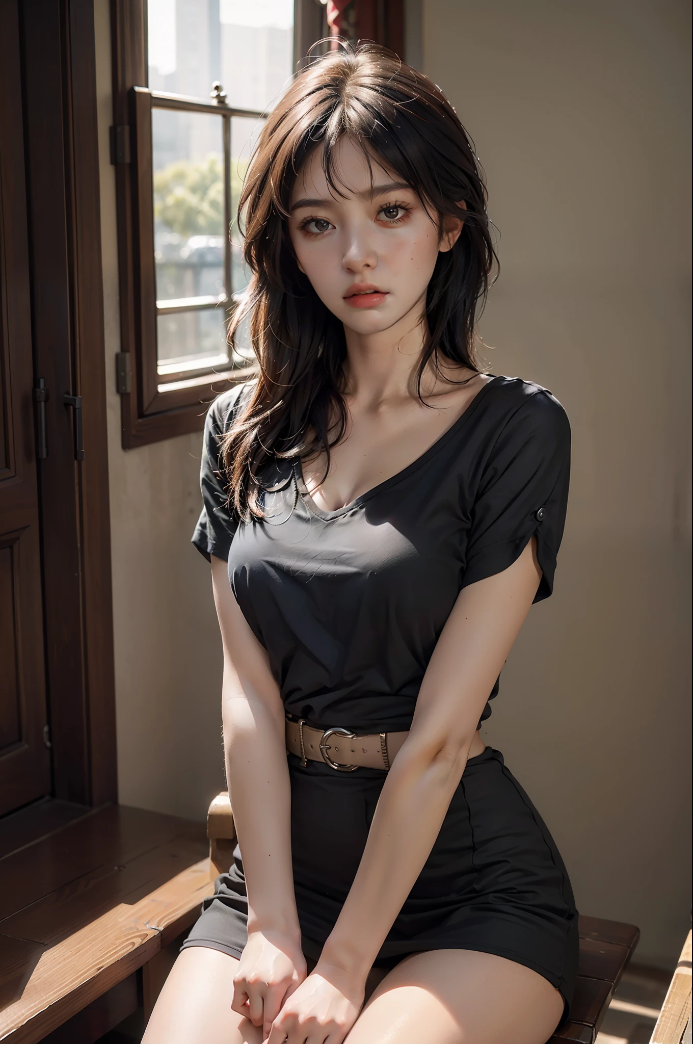 Best quality, masterpiece, ultra high res, (photorealistic:1.4), raw photo, 1girl, waist up, sitting, deep shadow, dark theme