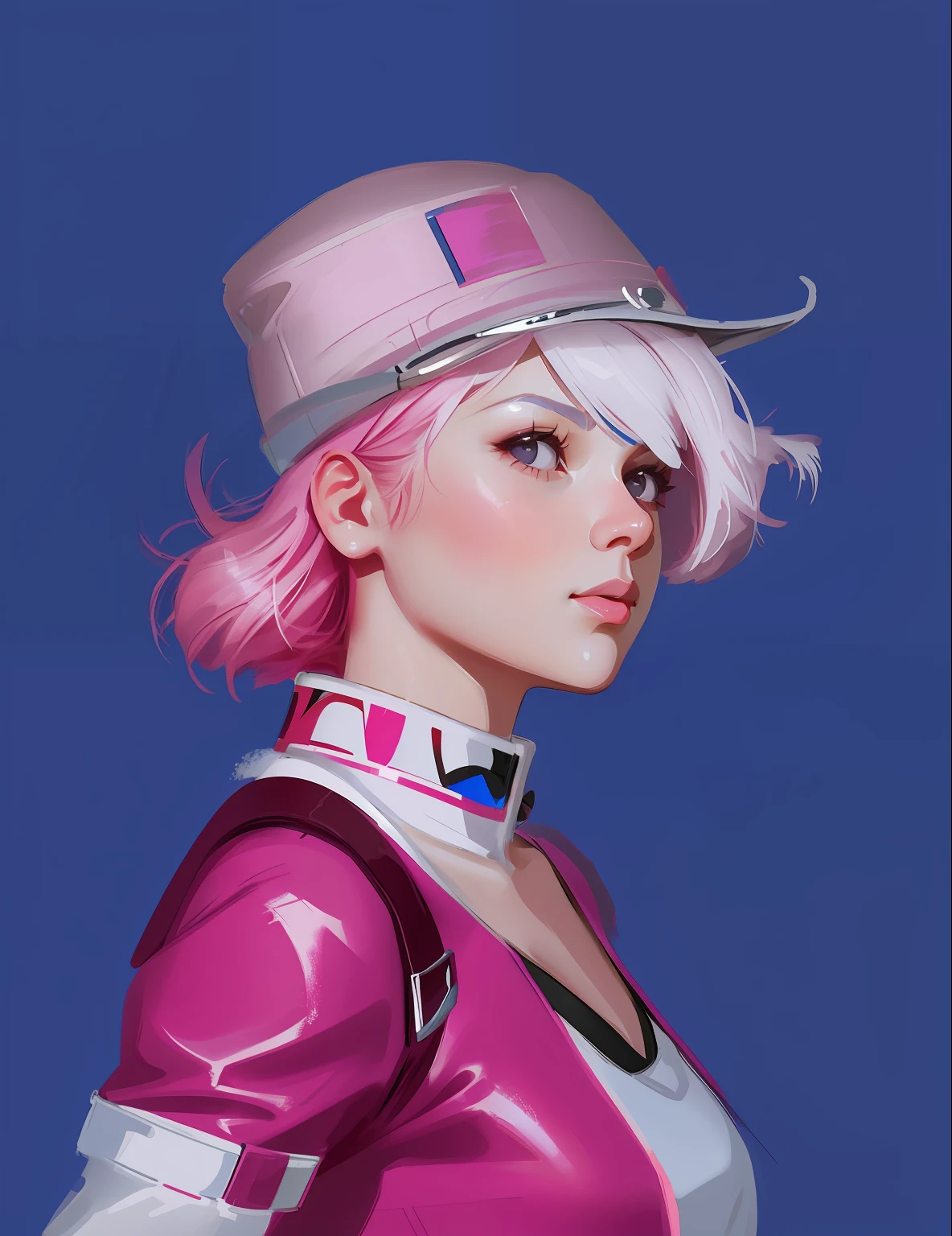 A closeup of a woman with a pink hat and pink hair, Estilo Ilya Kuvshinov, Ilya Kuvshinov. 4 mil, estilo de arte : Ilya Kuvshinov, Arte digital Ilya Kuvshinov, Artgerm e Ilya Kuvshinov, rossdraw desenho animado vibrante, Ilya Kuvshinov e Artgerm