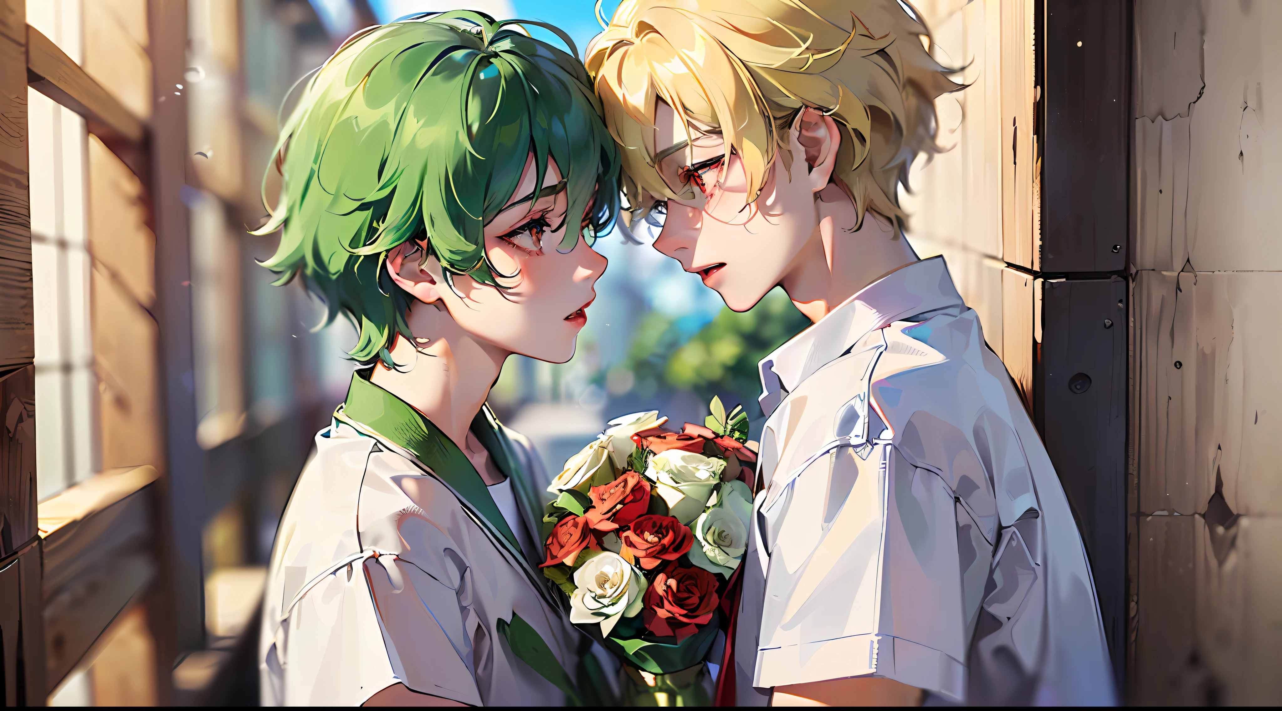 (top-quality:1.4、8K)、(17-year-old gay couple facing each other:1.3)、(Cool Boy、Blonde spiked hair and red eyes:1.2)、(Cute Boy、short green hair and big eyes:1.2)、(Have a bouquet:1.4)、White shirt with short sleeves、校服、School Background、