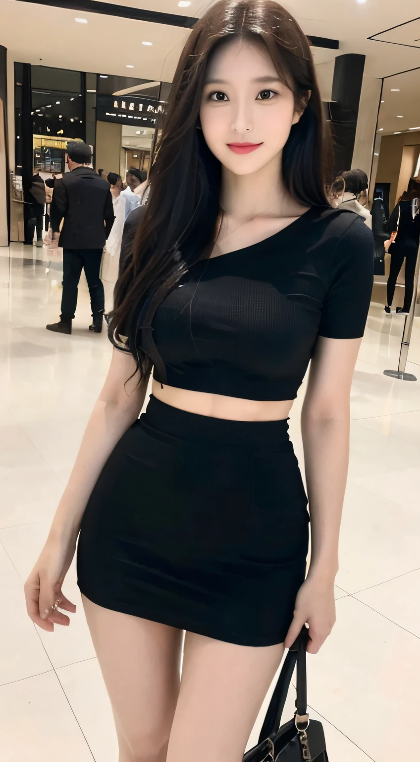 A girl of about 36 years old,simplicity,Extremely beautiful and delicate,(light make-up),Black color hair,A sweet smile,Delicate and beautiful fair skin,Realistic and realistic,exquisite and complete facial features,Detailed depiction of the face,tall nose bridge,Red lips,Beautiful, gentle and beautiful girl,Smooth hair,extremely detail hair,Feminine temperament,Fill your face light,hyper realisitc,photorealestic,8K quality,extremy detailed,Realistic details,Works of masters,Realistic to the extreme,big breasts body,Beautiful,Pure desire,Stunning beauty,Peerless beauty,Highest image quality,8K分辨率,goddes,ssmile,Fine facial features,Hair over the shoulder,A brown-haired,Large long thick legs,(((High-waisted French top))),(((short skirt))),rays of sunshine,facing at camera,The body is well-proportioned and firm,Gentle eyes,Exposing thighs,stand posture,Stand inside the mall,Full body photo