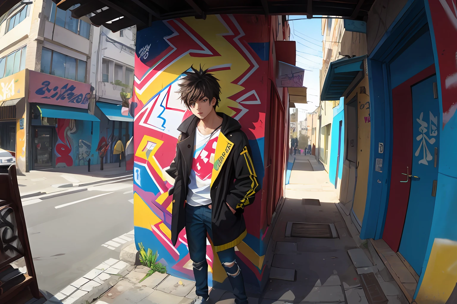 tmasterpiece，best qualtiy，Mysterious Street，The huge walls are covered with colorful artistic graffiti，Art extends to the end of the street，Amazing work，Splashing colors，Bad boy with messy hair，big headphone，Boy standing on a street corner，Play cool in front of the camera，Wear a trench coat and worn-out jeans，Covered in paint，looks into camera，Perspective angle，depth of fields，The panorama focuses on the graffiti wall。
