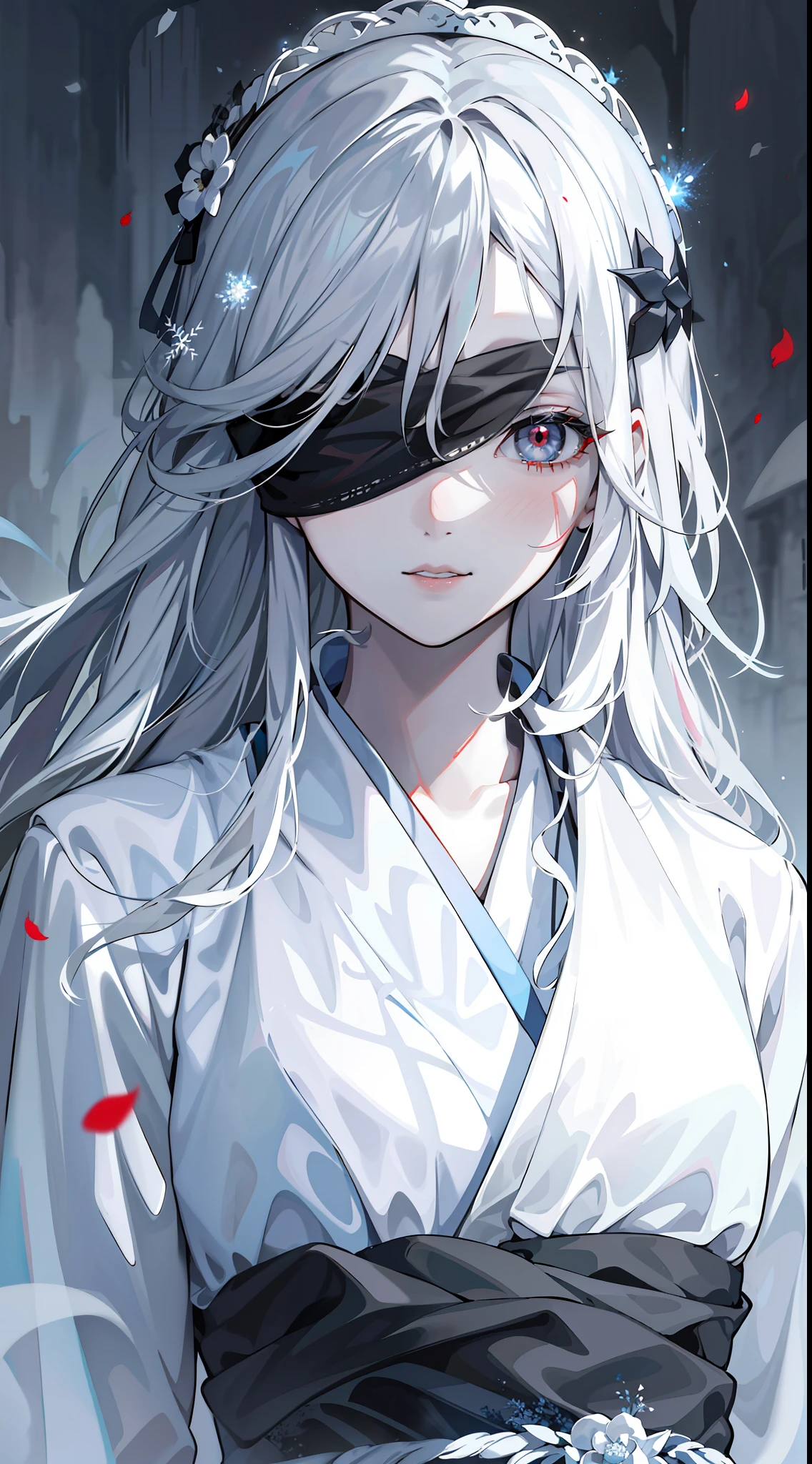 tmasterpiece，Need，China-style，Chinese Ancient Times，1 woman，Light gauze garment，ink and watercolor painting，A woman wears a black cloth belt to cover her eyes，Mature woman，Silver white long haired woman，hair over shoulders，pale pink lip，eye closeds，apathy，By bangs，assassins，Whiten face，frostbite，Manteau blanc，Blood，White-haired god,Blood stains on the face，Stunning character art，Hazy beauty，detail in face，Correct proportions，The painting is in the ancient painting style(Guviz)Creation，An oil painting depicting a woman with long hair。The entire painting features a palette of white and black。Loved by the audience。Presented in a meticulous drawing style。Women have gray hair like snow，Exudes an aura of mystery，Women wear elegant and elaborate clothing，The whole painting presents a high degree of skill。