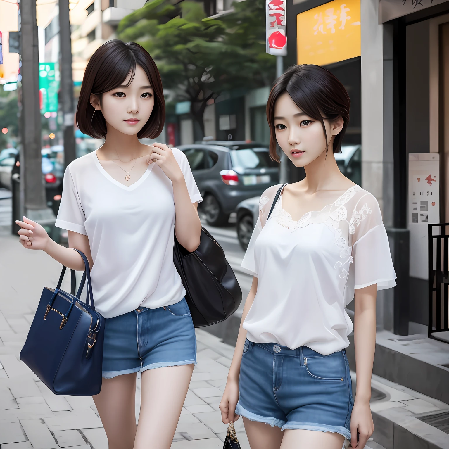 On the street yes，gorgeous korean young woman，beautiful Korean women，Beautiful Korean young woman，Korean girls，Beautiful Asian Girls，gorgeous chinese models，Korean woman，Cute and delicate face，ulzzangs，Beautiful girl model，Korean female fashion model，Beautiful asian woman，Young and cute Korean face，Short hair and glare，Best quality, 超高分辨率, (Photorealistic:1.4), Ultra detailed, Masterpiece, (8K, RAW photo, Best quality , :1.2),Delicate face，Delicate figure，high high quality，Real human skin ，Realistic Facial Expression