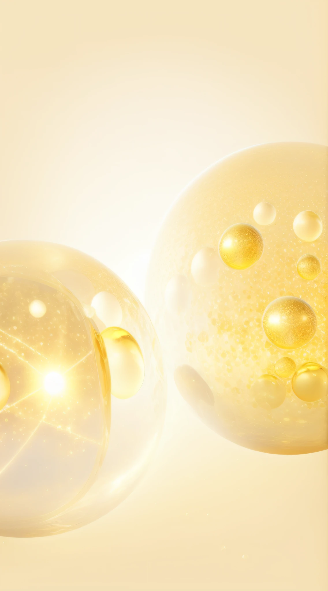There are two glass balls,There is yellow light inside, energy sphere, golden orbs, bubbling skin, transparent vibrant glowing skin, golden organic structures, glowing magical shiny skin, Ethereal bubbles, golden rays, soft golden light, Golden glow, synthetic bio skin, translucent sphere, Dewy skin, Orbs, high quality topical render, Digital art --auto