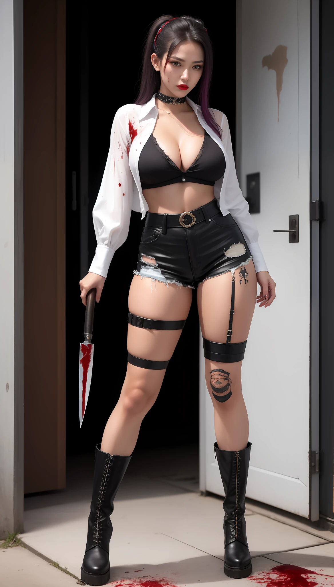 There was a woman in uniform and boots holding a leather whip,looks into camera, very sexy outfit, Sexy outfit, Outfit: puff, Cyberpunk costumes, intriguing outfit, fantasyoutfit, mechanic punk outfit, cyberpunk style outfit, gothic clothing, full body with costume, dressed in punk clothing, wearing a full leather outfit, white blouse and gothic boots,a plump buttocks,huge tit,deep v big breasts,v neck,cleavage!Clear torn shirt,blacksilk,Tattered and torn shorts!with long coiled hair,The thigh strap tightens the thigh flesh,Blood stained his clothes and legs!There are wounds,with tattoos!There are knife wounds on the body , The blouse was stained with blood,Blood splattered on his body!Scratch the top,Broken shorts,Tattered clothes and pants,Covered in blood,Murderous woman,The top is badly damaged,