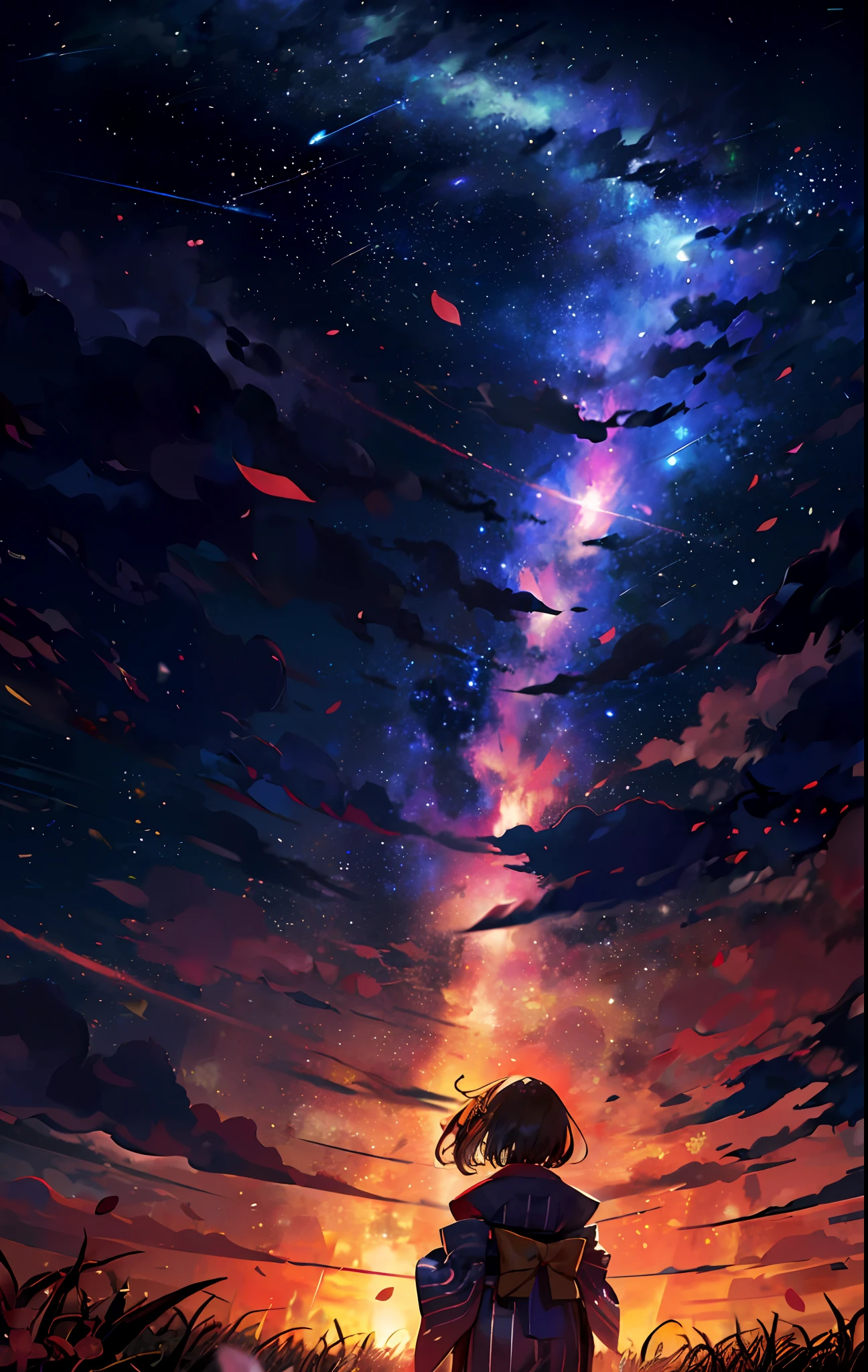 One, distant girl in kimono staring at the stars (reduced: 1.1), (meteor shower: 1.2), (comet: 1.1), your name, low angle, from behind, arrow labrealis shooting star, yukata, red kimono, cherry blossoms, highest quality standing in the field, masterpiece, clouds, colorful, starry sky, stars,