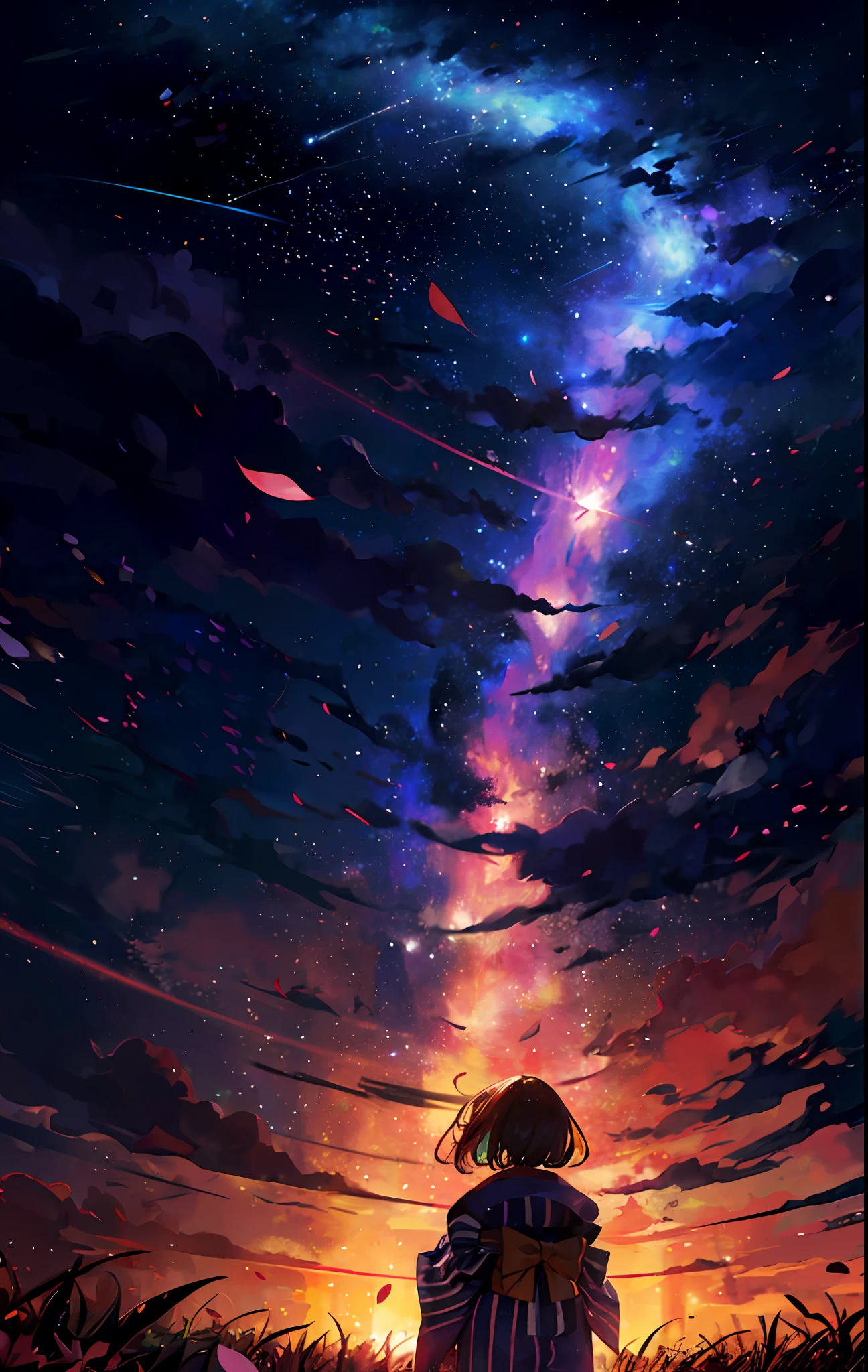 One, distant girl in kimono staring at the stars (reduced: 1.1), (meteor shower: 1.2), (comet: 1.1), your name, low angle, from behind, arrow labrealis shooting star, yukata, red kimono, cherry blossoms, highest quality standing in the field, masterpiece, clouds, colorful, starry sky, stars,