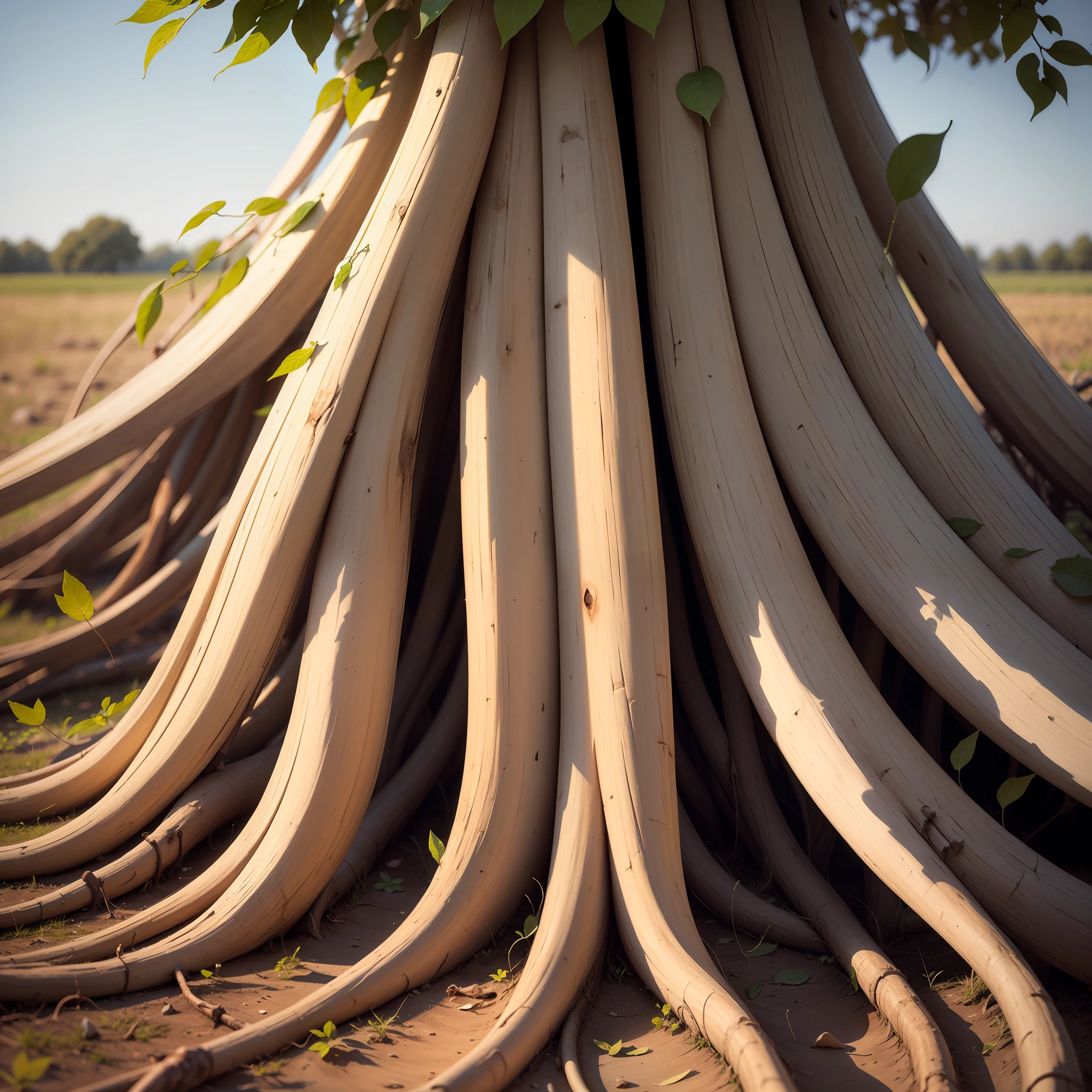 Planos detalhados de um campo de bambus, leaves swaying in the wind, close-up of the roots. --auto