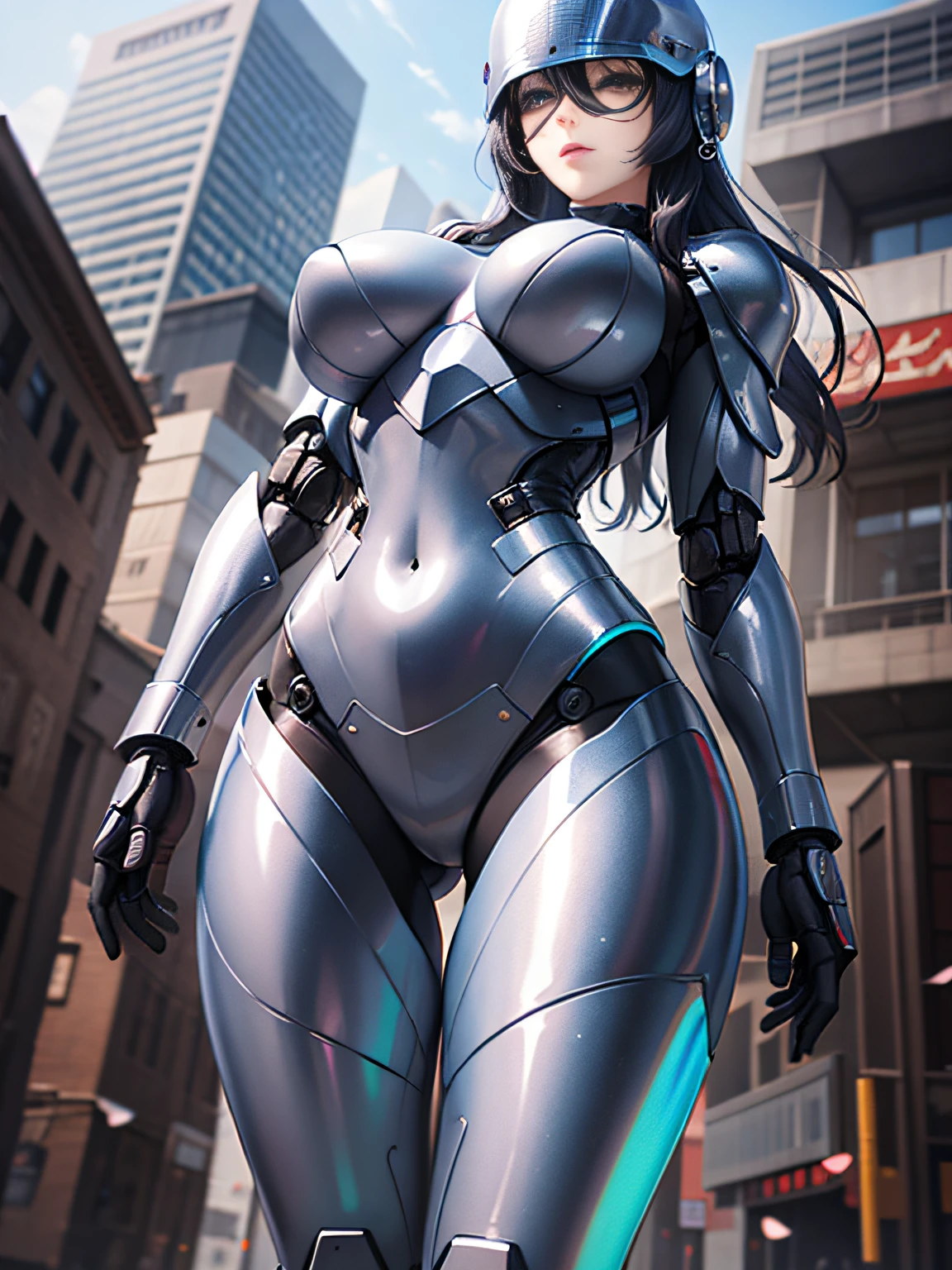One Woman Robocop、Combat Robots、Armor that completely covers the whole body、very large breast-shaped chest armor,,、Helmet to hide your eyes、Iridescent shiny armor、Armor that completely covers the chest,,、Slender and long legs、Vibrant poses、full-body view