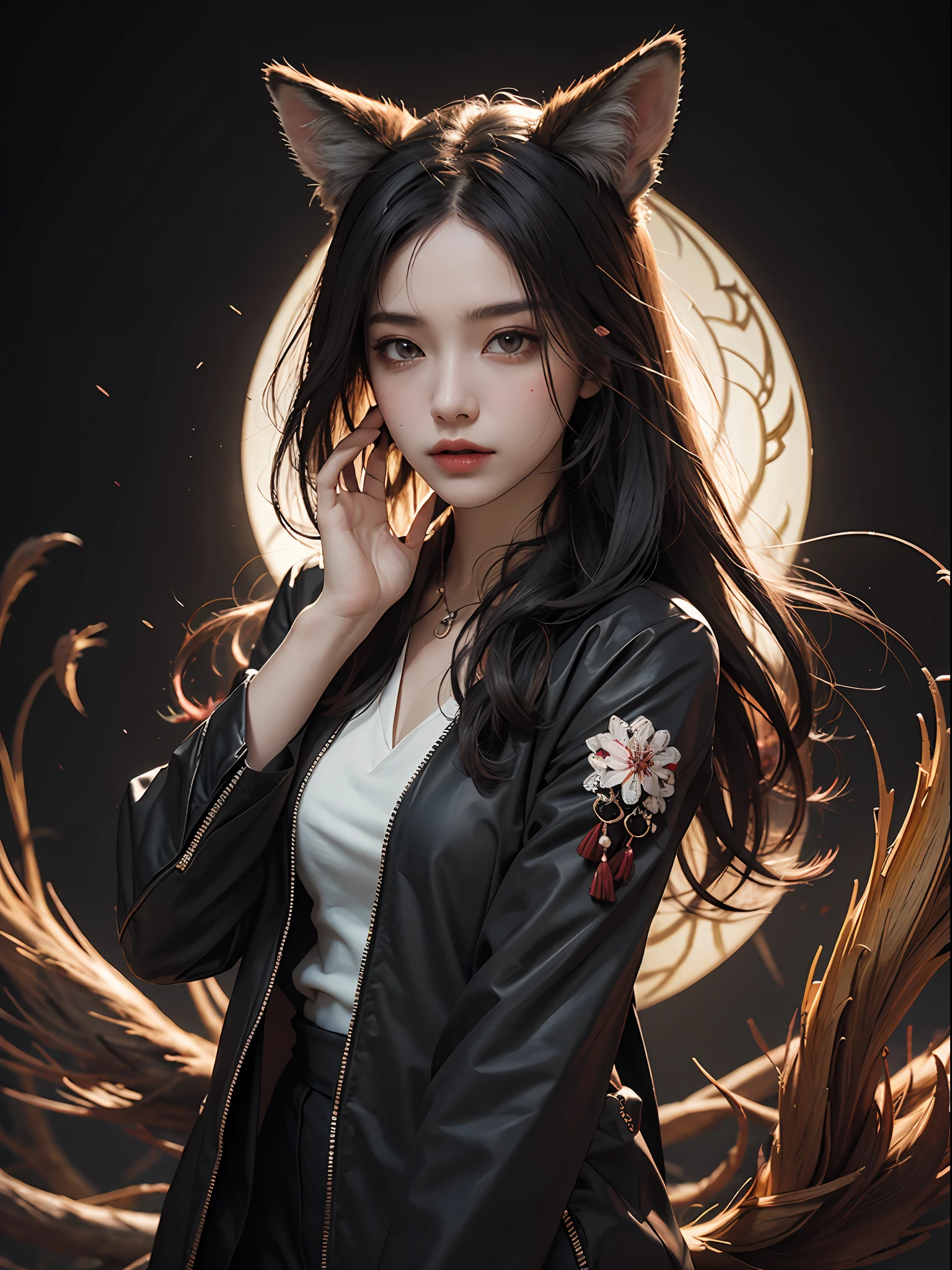 1girl, solo, official art, unity 8k wallpaper, ultra detailed, beautiful and aesthetic, masterpiece, best quality, photorealistic, (abstract background) (zentangle, mandala, tangle, entangle background:0.7) Kitsune, fox mask, haori jacket, foxfire spell, fox familiar, transformation, depth of field, Fantastical Atmosphere, the most beautiful form of chaos, elegant, a brutalist designed, flower of death, ecstasy of flower