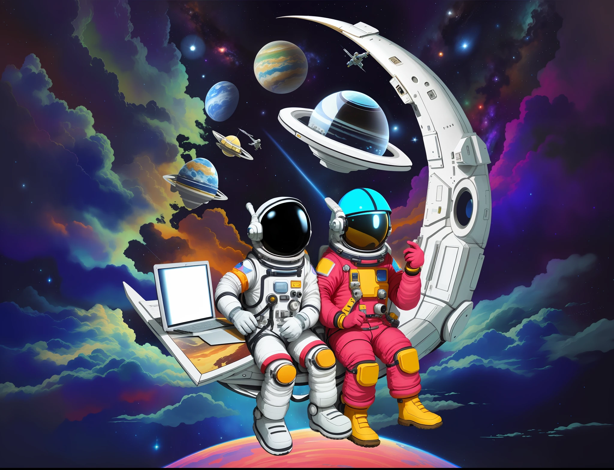 Illustration of two astronauts sitting on a planet with laptop, The astronaut, Space travelling, In space, outerspace, cosmic space, space, space dream, small astronauts, in the space, In outer space, Unknown space, space theme, Psychopathic Man Universe, space themed, Surreal space, space colors, Out of this world, Space travelling, in deep space