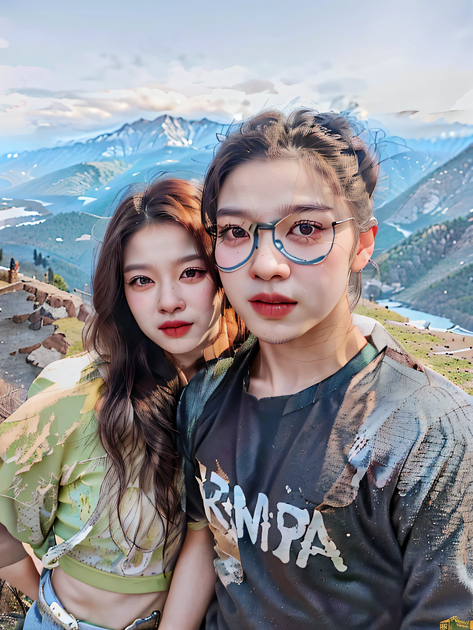 They pose for photos on the top of the mountain，Enjoy the view, 8k selfie photograph, Ruan Jia and Fenghua Zhong, ruan jia and brom, with the mountains in the background, with the mountains in the background, cute couple, couple, with the mountains in the background, 28 year old, onthe mountain