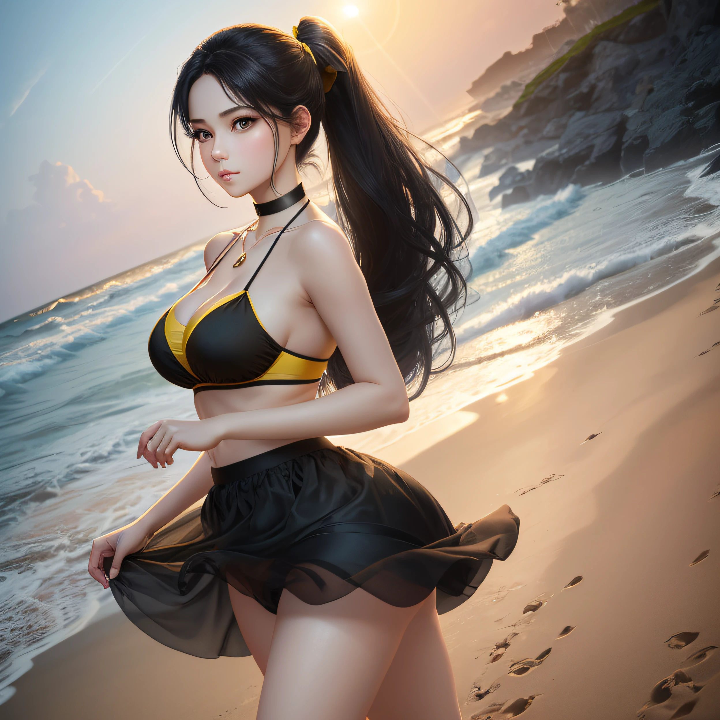 Real faces,Best Masterpiece,A high resolution,1girll,Porcelain skirt,hair adornments,choker necklace,jewely,beautiful face,Physically,Dingdall effect,realisticlying,edge lit,twotonelighting,(highdetailskin:1.2),8K, Ultra HD, Digital SLR, softlighting, high high quality, volumettic light, sneak shot, photore, A high resolution, 4K, 8K, Background bokeh,,The expression is soft,Long legs bare,softness,Long straight black hair,Single ponytail full body photo,Yellow people,Model figure,Snow-white skin,Walk on the beach,Bikini black